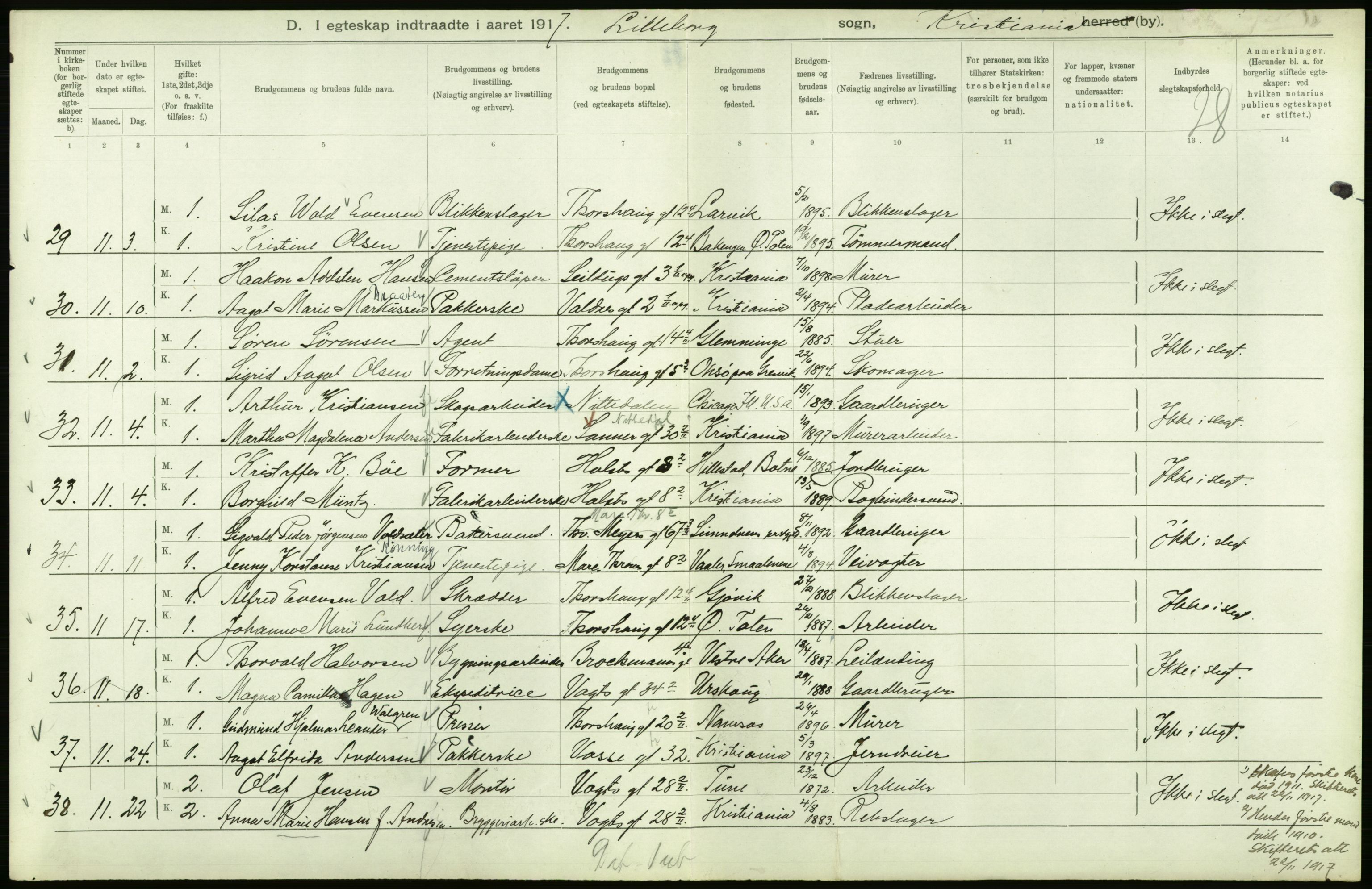 Statistisk sentralbyrå, Sosiodemografiske emner, Befolkning, AV/RA-S-2228/D/Df/Dfb/Dfbg/L0008: Kristiania: Gifte, 1917, p. 136