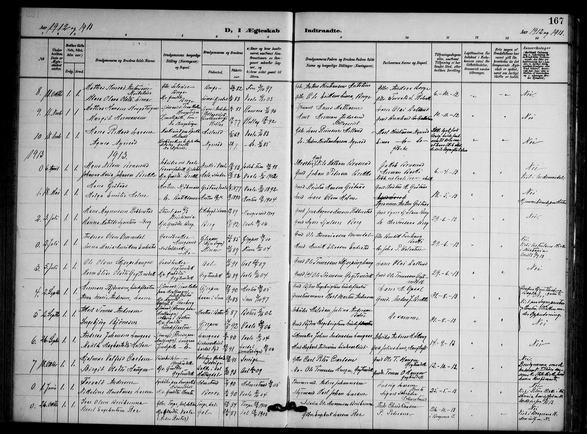 Våle kirkebøker, AV/SAKO-A-334/F/Fa/L0012: Parish register (official) no. I 12, 1907-1934, p. 167