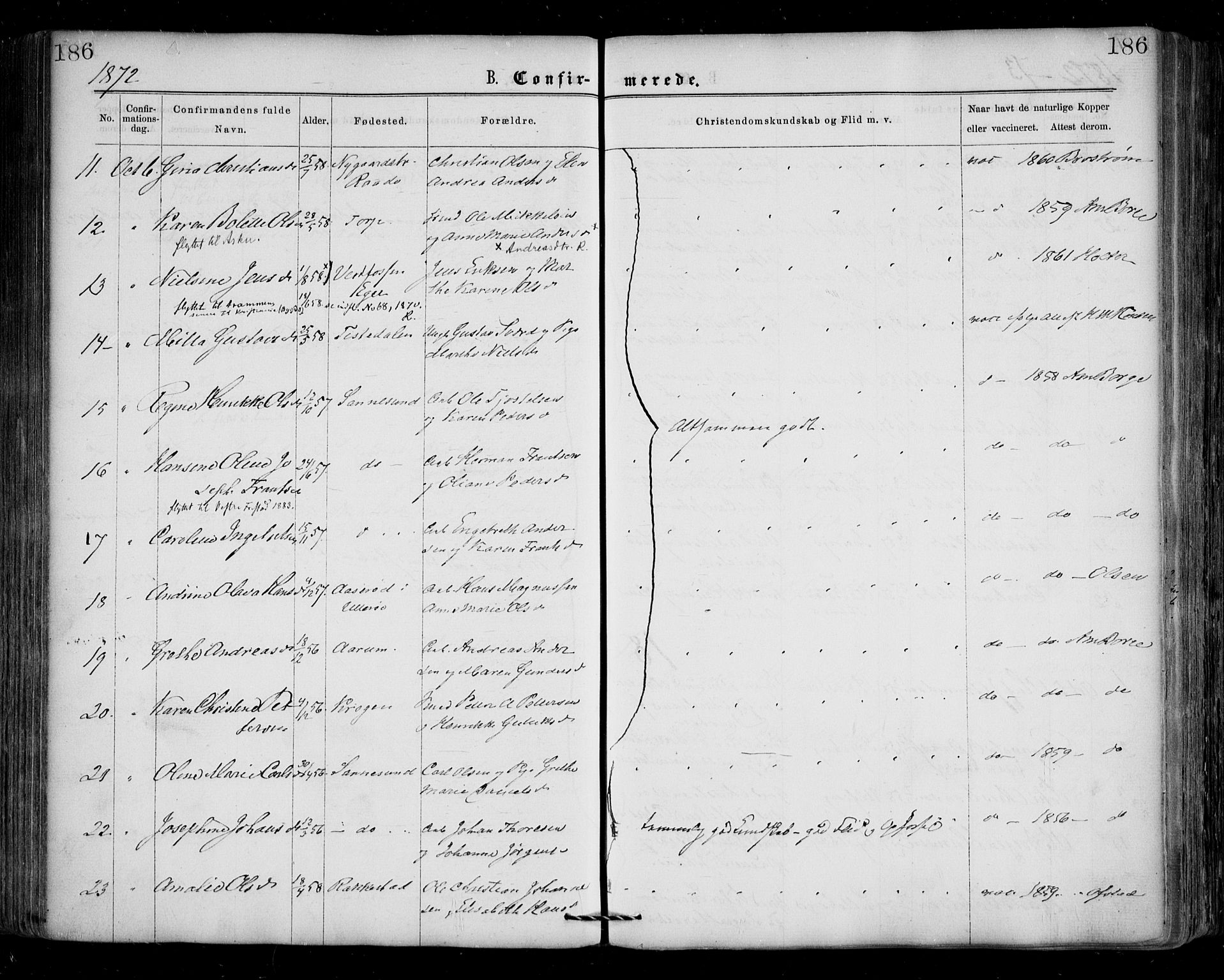 Borge prestekontor Kirkebøker, AV/SAO-A-10903/F/Fa/L0006: Parish register (official) no. I 6, 1861-1874, p. 186