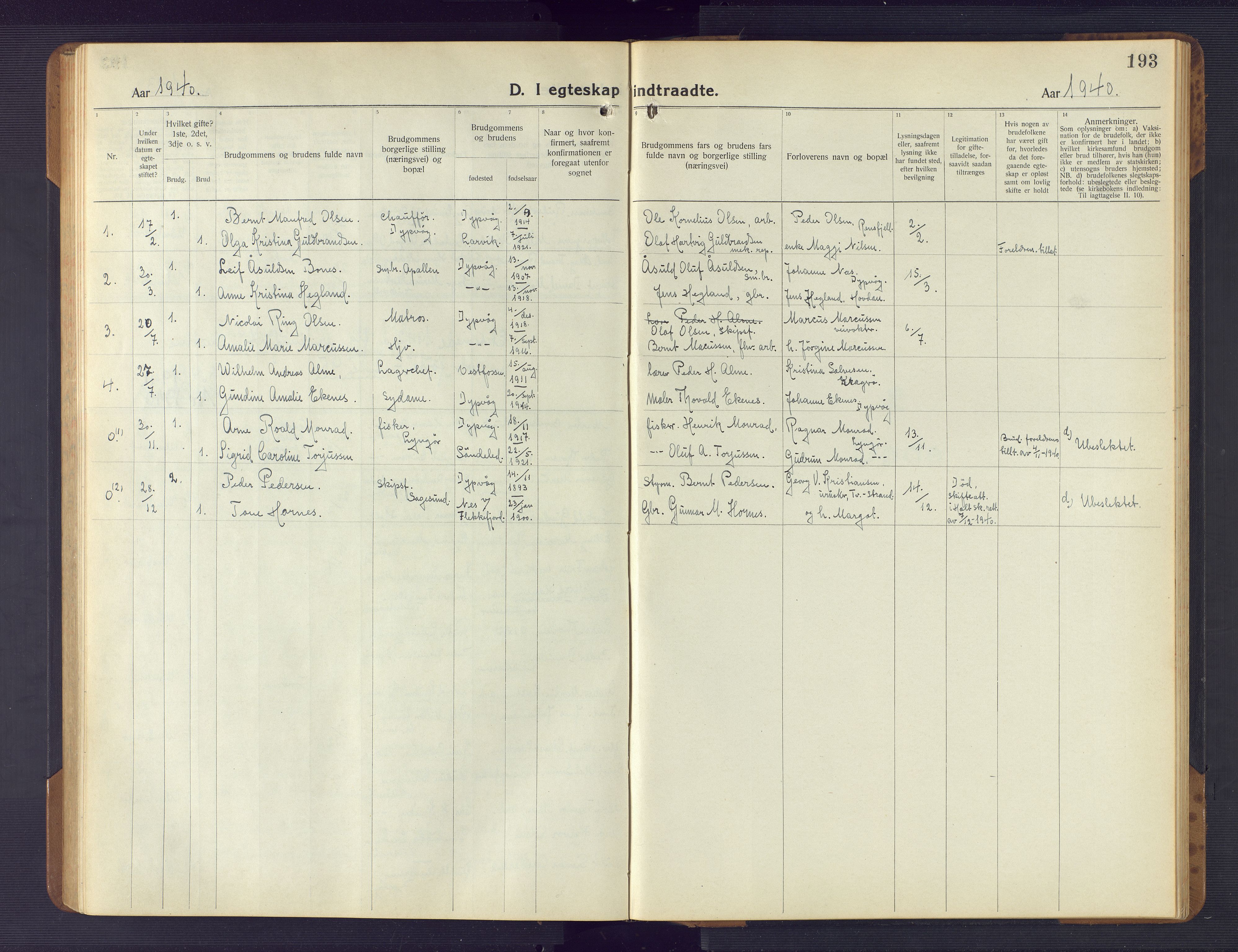 Dypvåg sokneprestkontor, SAK/1111-0007/F/Fb/Fba/L0015: Parish register (copy) no. B 15, 1922-1949, p. 193