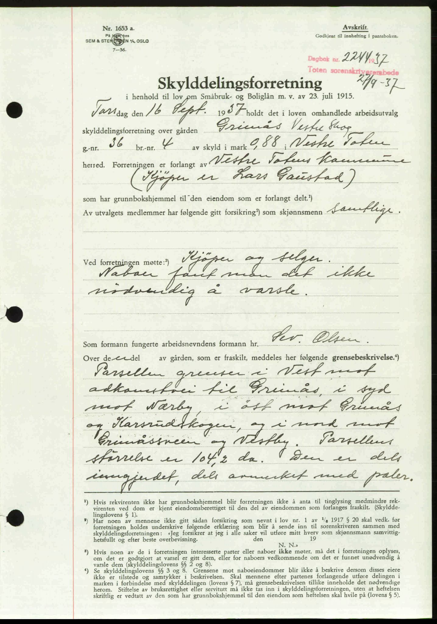 Toten tingrett, SAH/TING-006/H/Hb/Hbc/L0003: Mortgage book no. Hbc-03, 1937-1938, Diary no: : 2244/1937