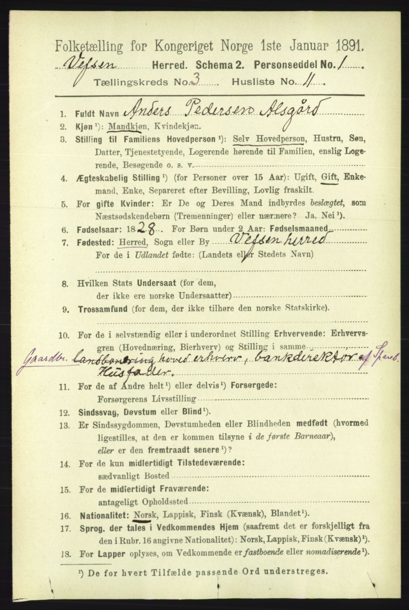 RA, 1891 census for 1824 Vefsn, 1891, p. 1343