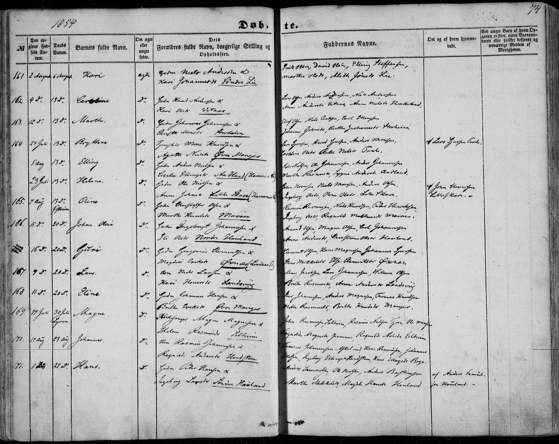 Manger sokneprestembete, AV/SAB-A-76801/H/Haa: Parish register (official) no. A 6, 1849-1859, p. 74