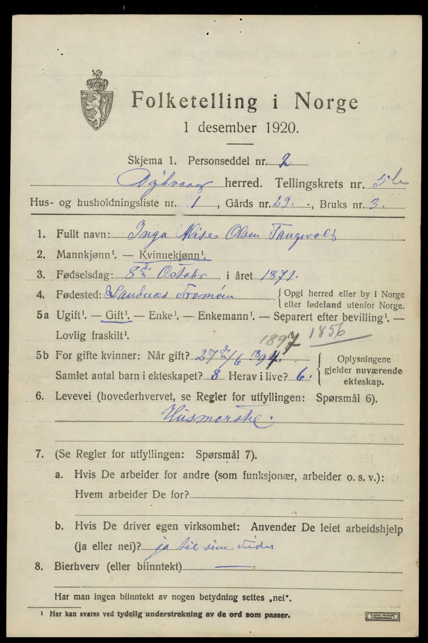 SAK, 1920 census for Dypvåg, 1920, p. 4665