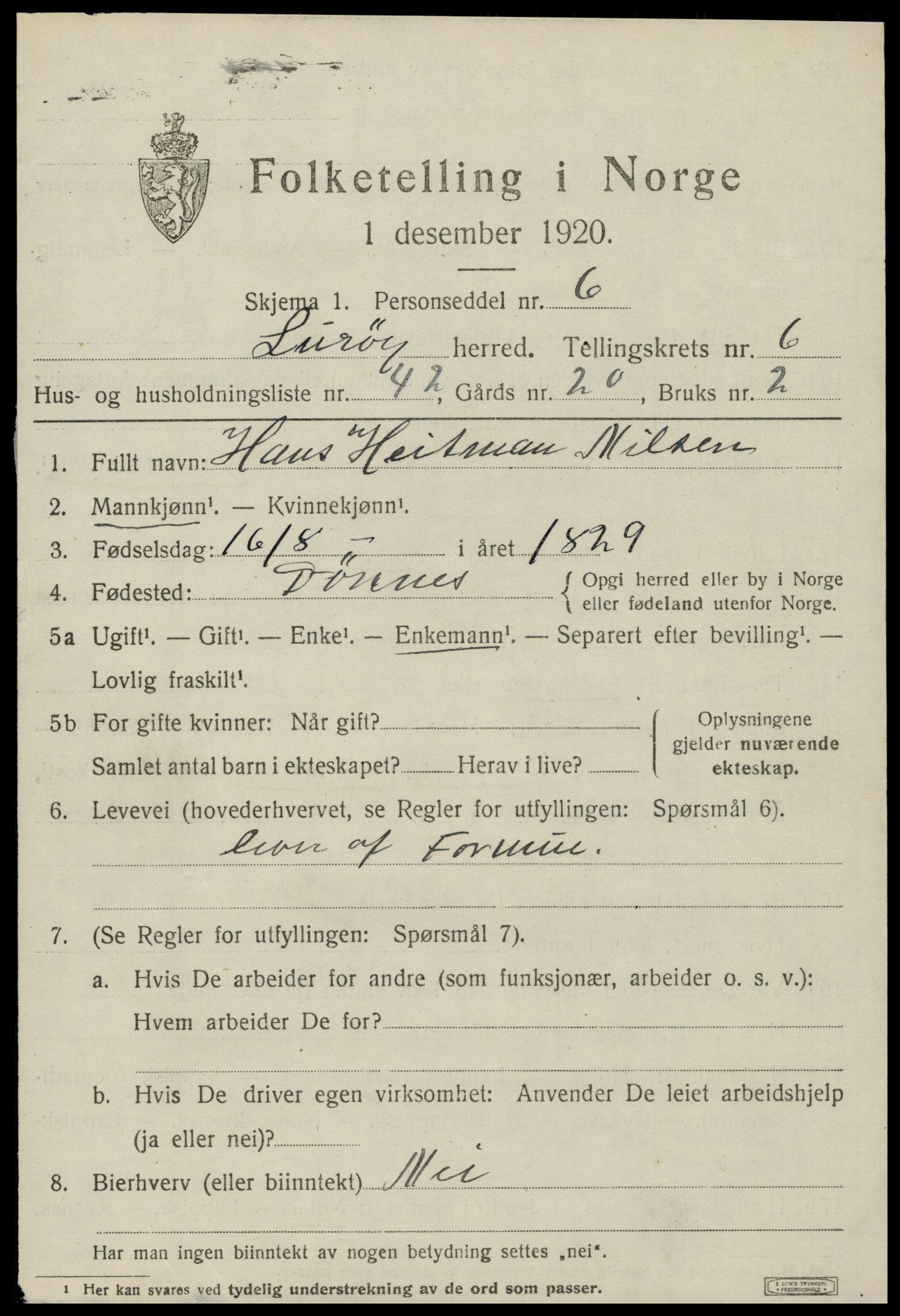 SAT, 1920 census for Lurøy, 1920, p. 3593