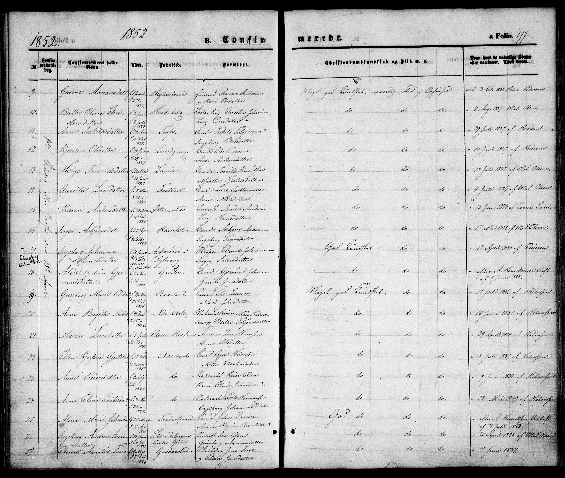 Holt sokneprestkontor, SAK/1111-0021/F/Fa/L0008: Parish register (official) no. A 8, 1849-1860, p. 177