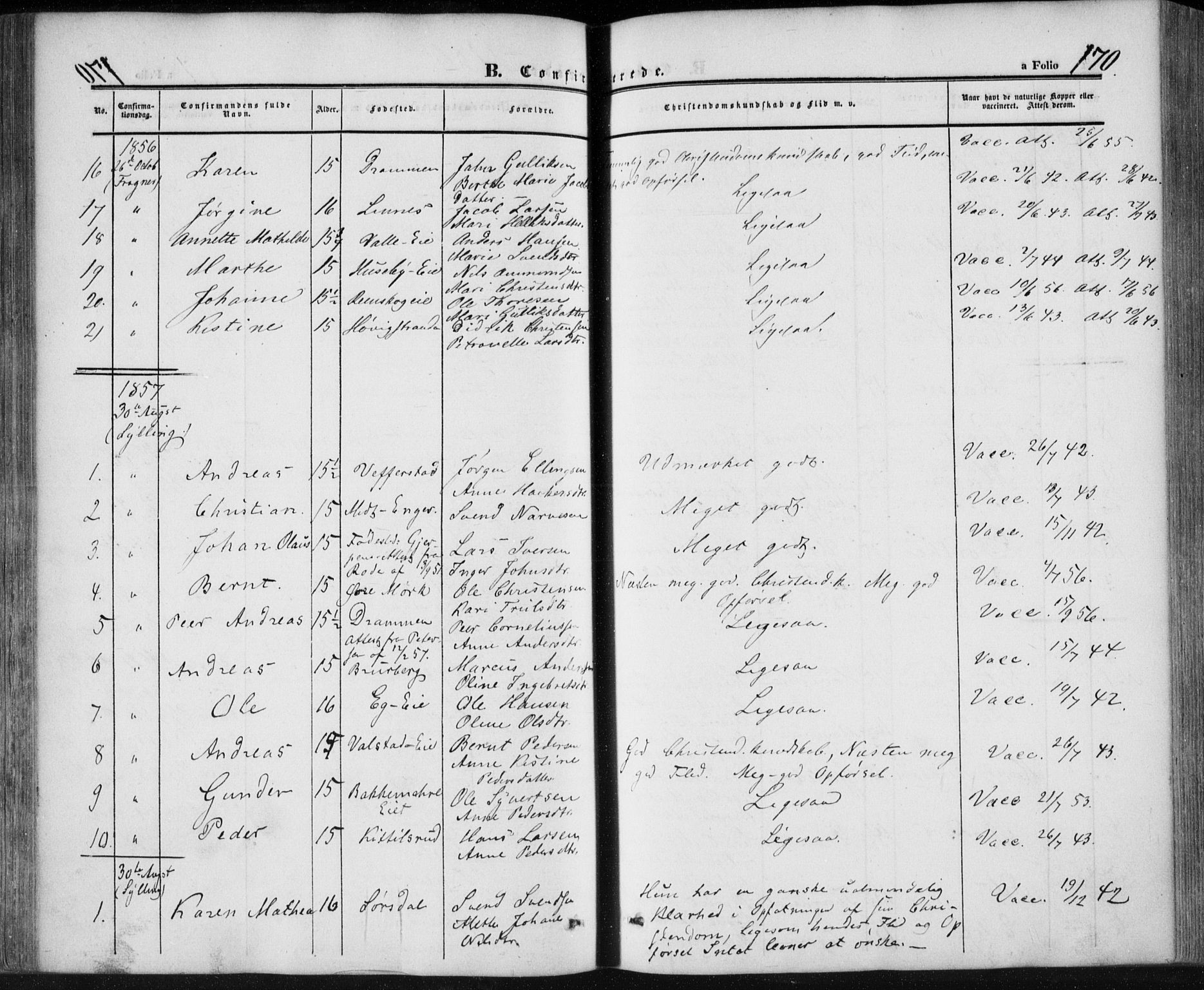 Lier kirkebøker, SAKO/A-230/F/Fa/L0012: Parish register (official) no. I 12, 1854-1864, p. 170