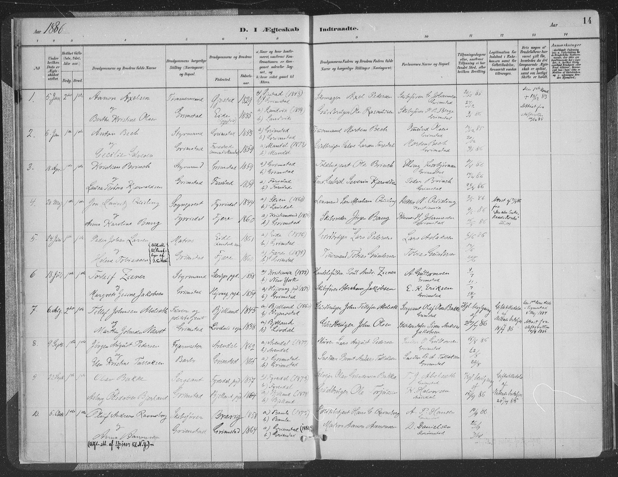 Grimstad sokneprestkontor, SAK/1111-0017/F/Fa/L0004: Parish register (official) no. A 3, 1882-1910, p. 14