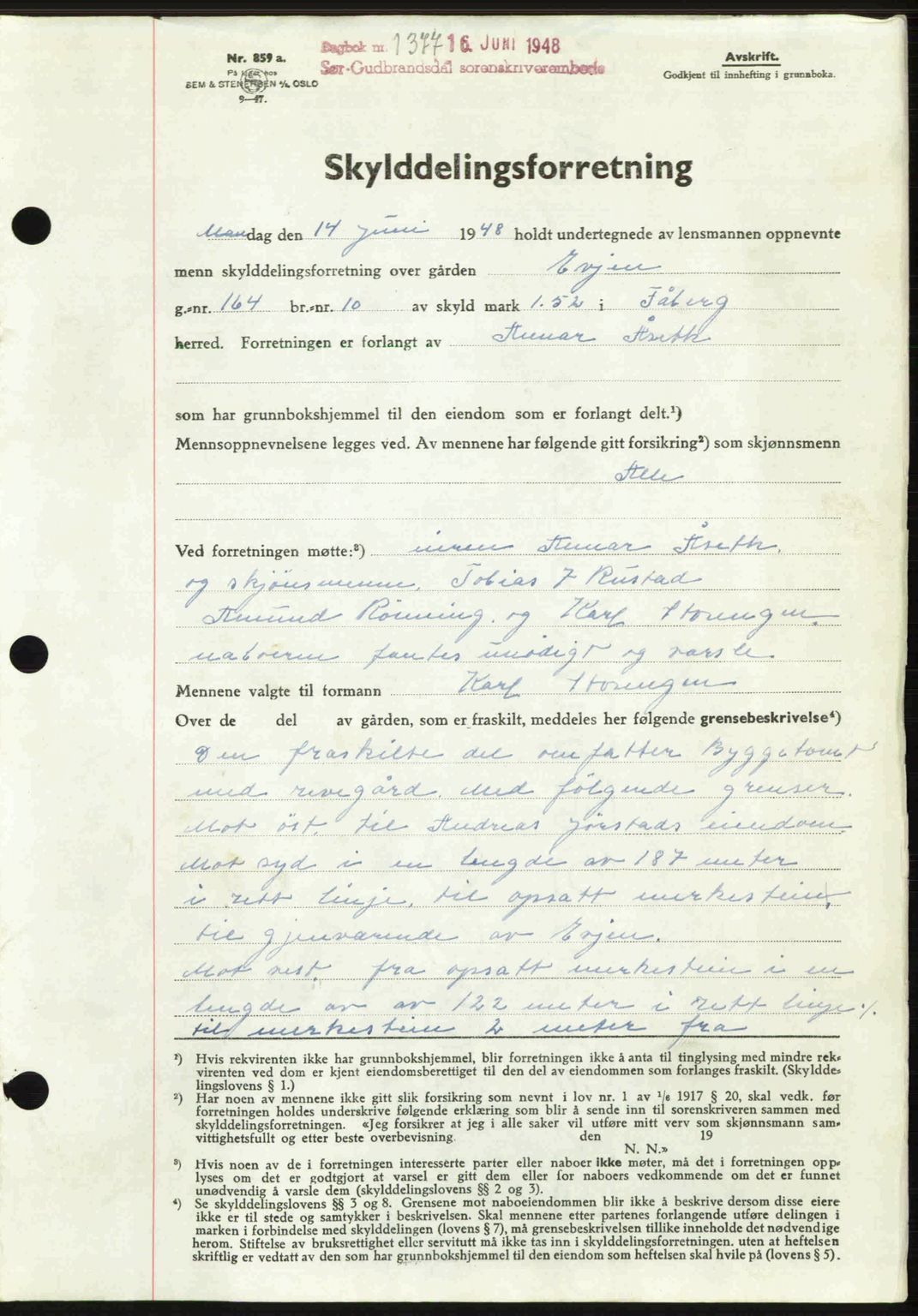 Sør-Gudbrandsdal tingrett, SAH/TING-004/H/Hb/Hbd/L0022: Mortgage book no. A22, 1948-1948, Diary no: : 1377/1948
