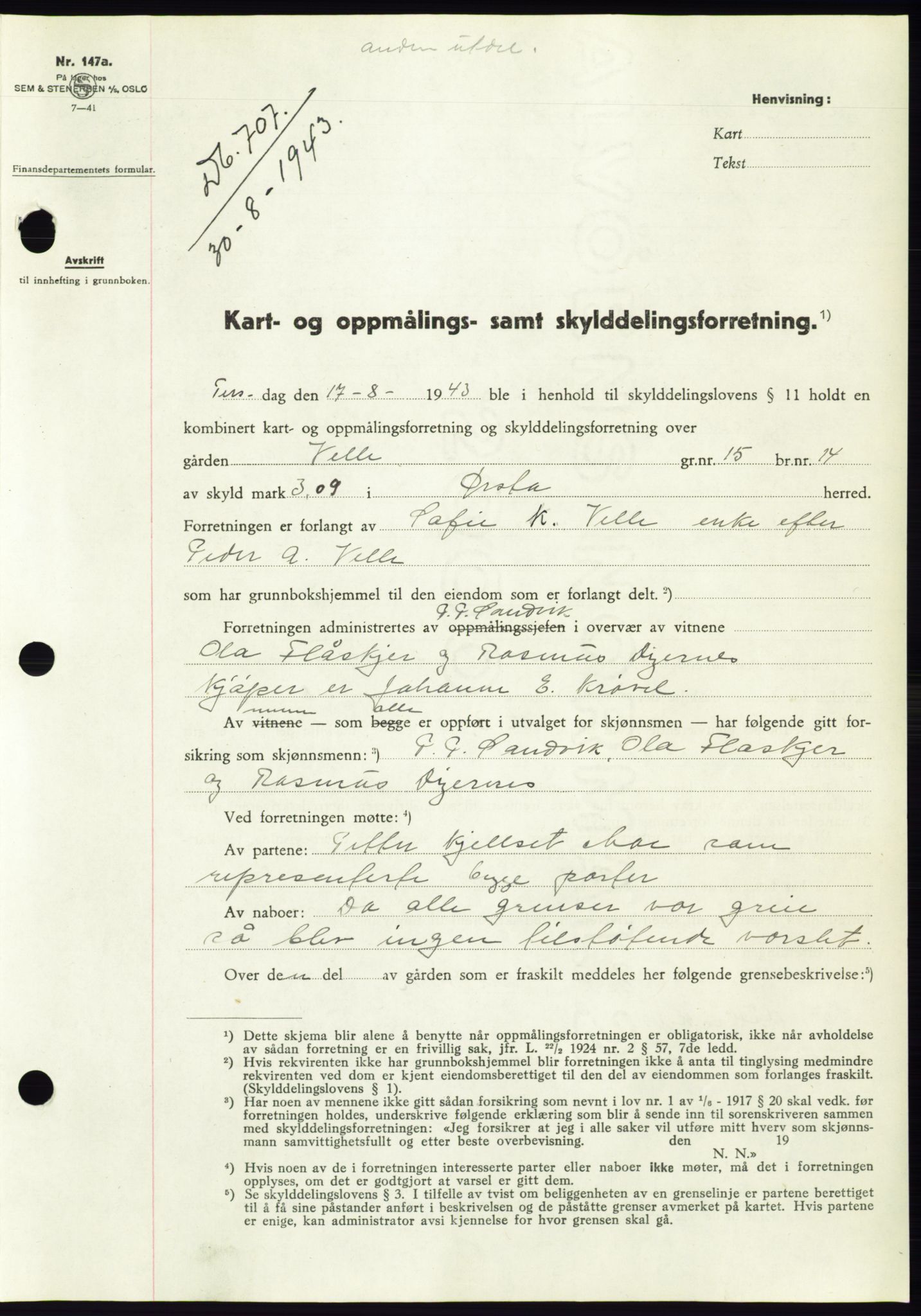 Søre Sunnmøre sorenskriveri, AV/SAT-A-4122/1/2/2C/L0075: Mortgage book no. 1A, 1943-1943, Diary no: : 707/1943