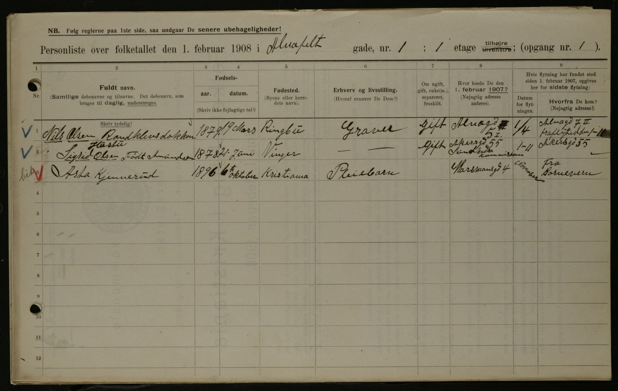 OBA, Municipal Census 1908 for Kristiania, 1908, p. 1240