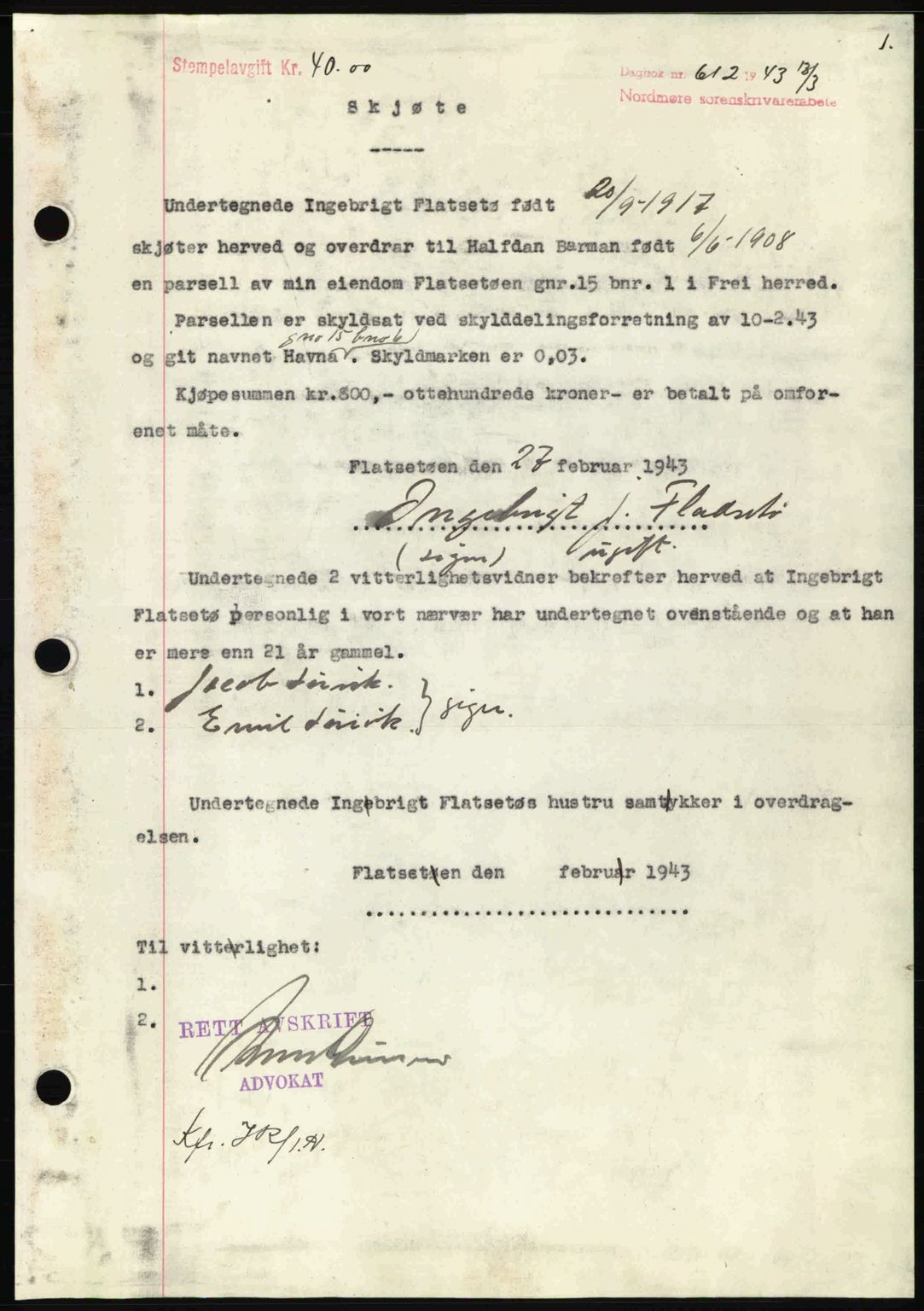 Nordmøre sorenskriveri, AV/SAT-A-4132/1/2/2Ca: Mortgage book no. A95, 1943-1943, Diary no: : 612/1943