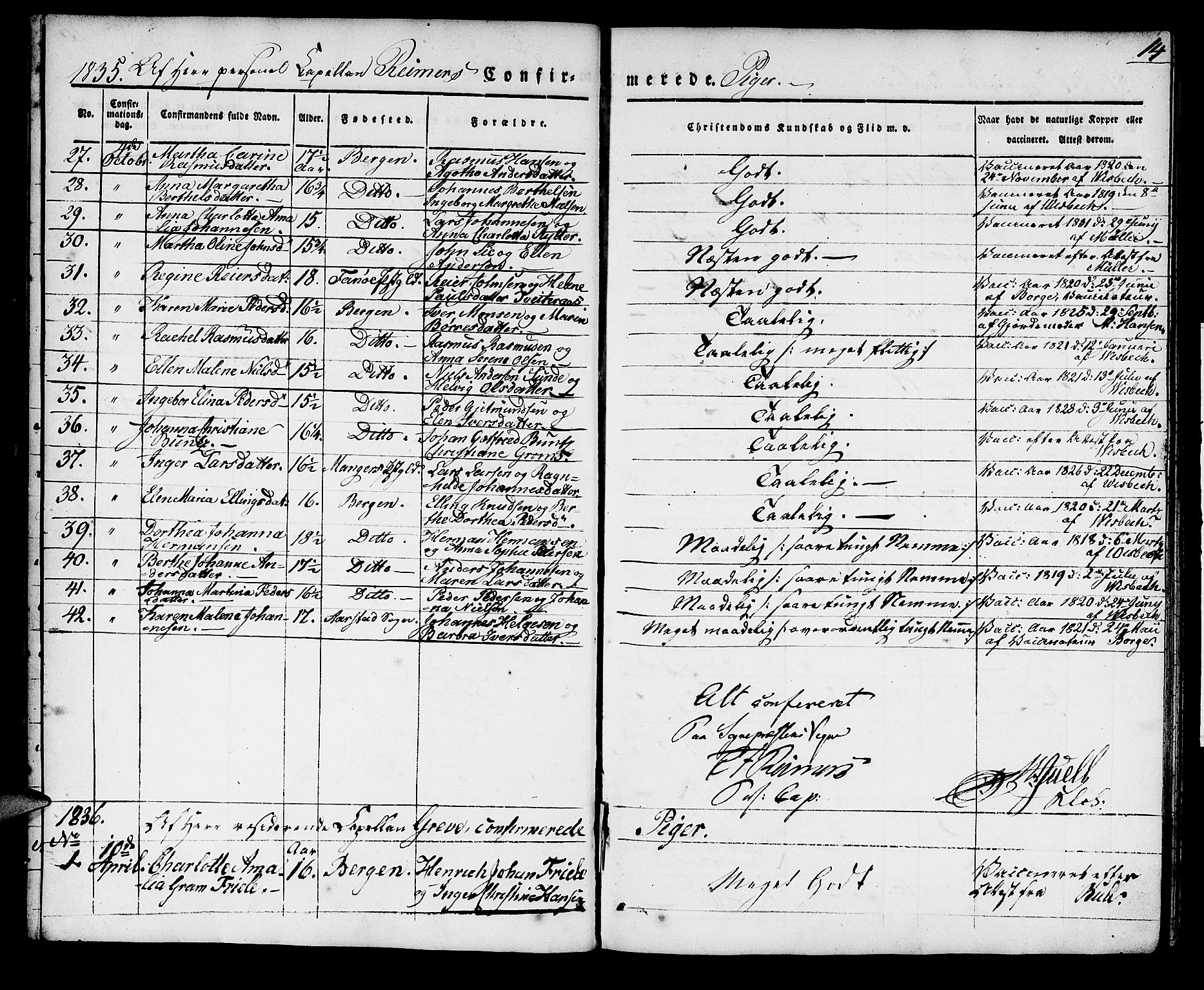 Domkirken sokneprestembete, SAB/A-74801/H/Haa/L0026: Parish register (official) no. C 1, 1834-1840, p. 14