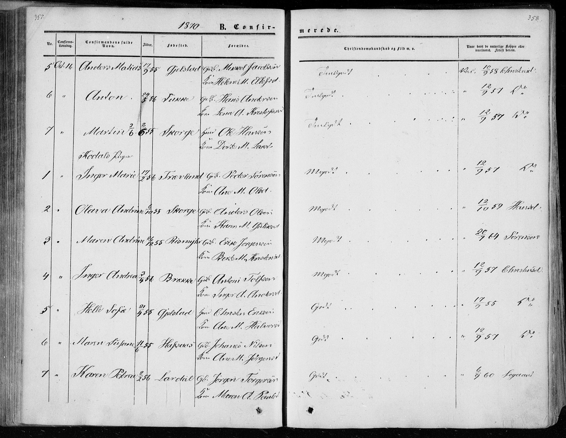 Andebu kirkebøker, AV/SAKO-A-336/F/Fa/L0005: Parish register (official) no. 5, 1857-1870, p. 357-358