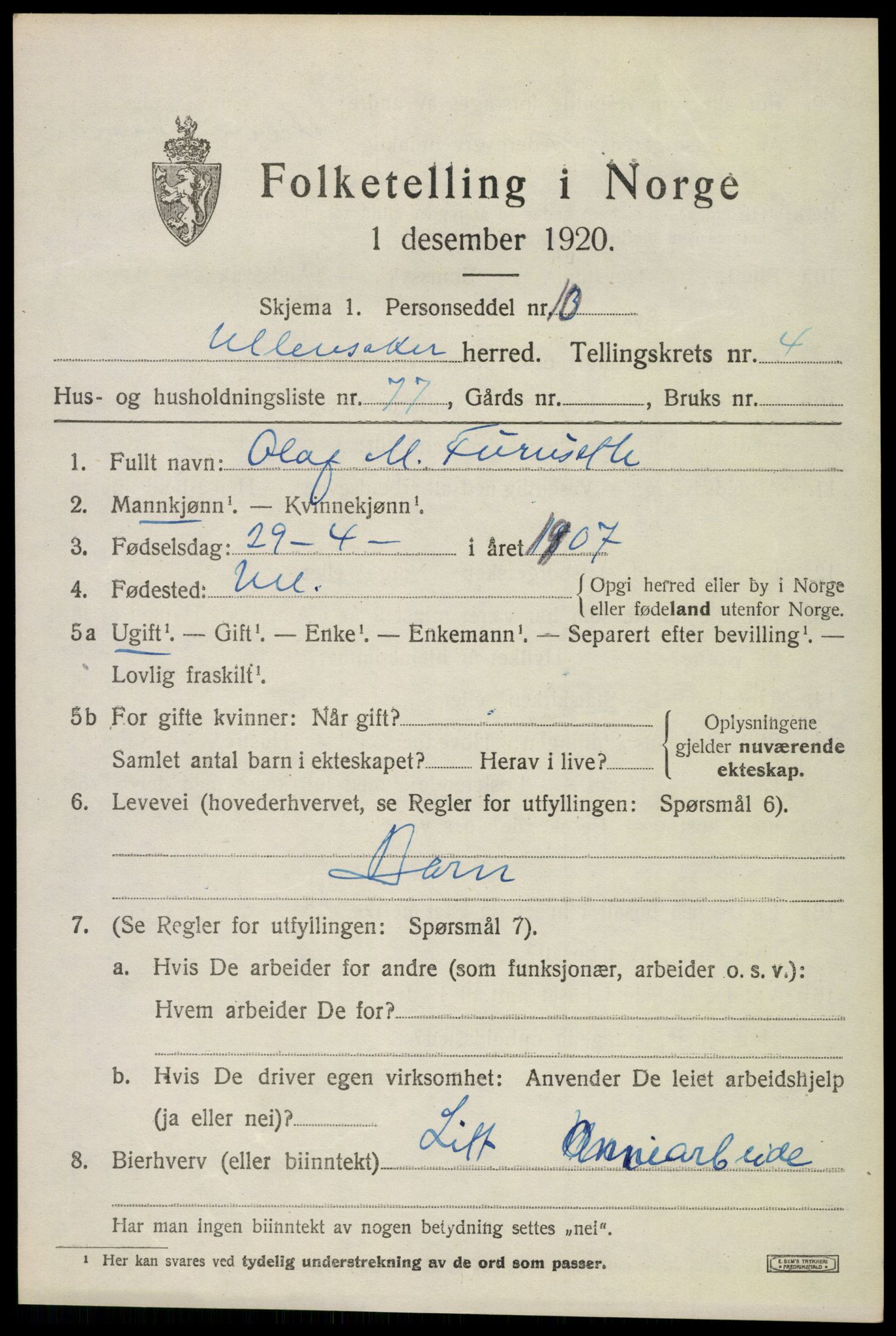 SAO, 1920 census for Ullensaker, 1920, p. 8205