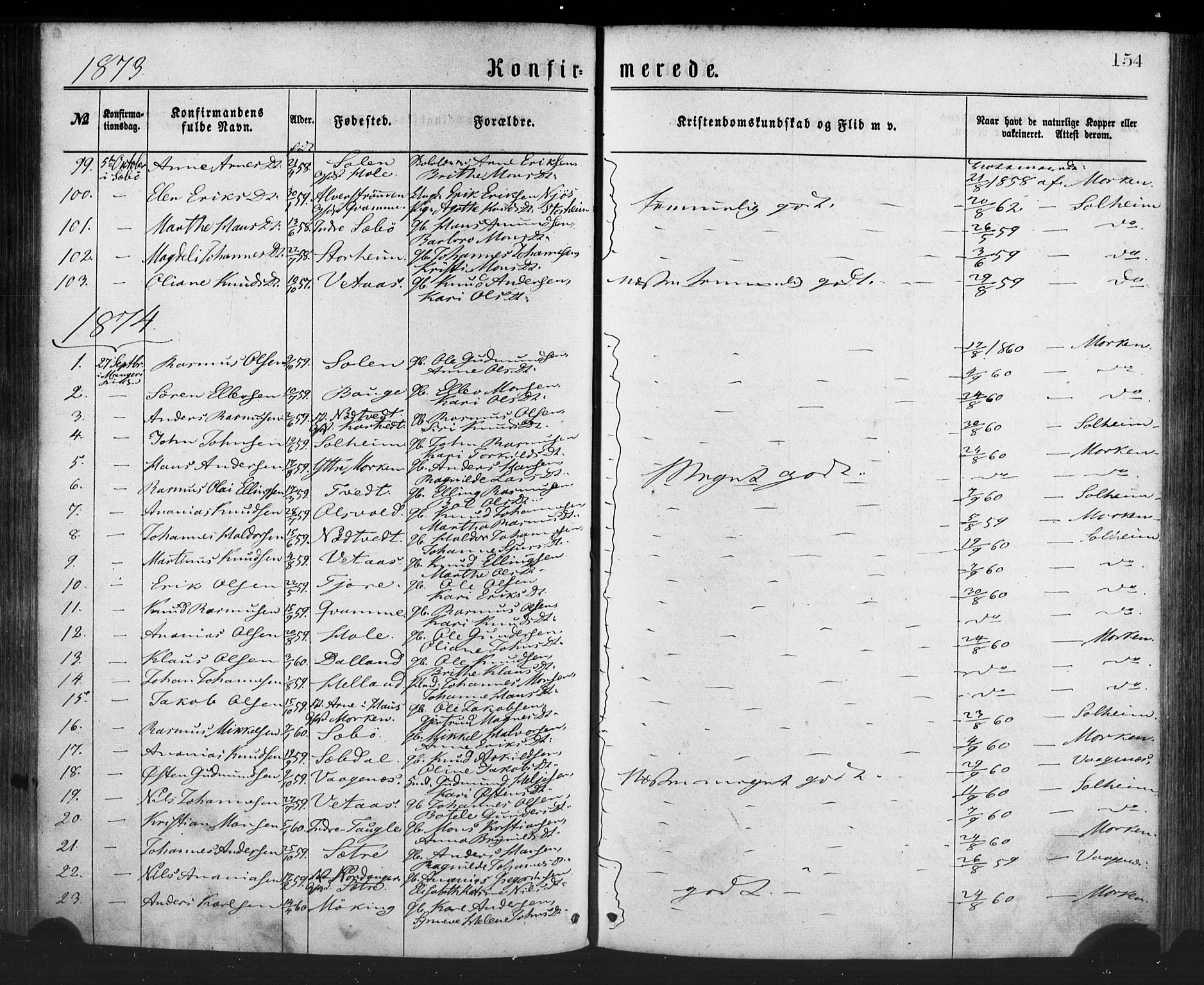 Manger sokneprestembete, SAB/A-76801/H/Haa: Parish register (official) no. A 8, 1871-1880, p. 154