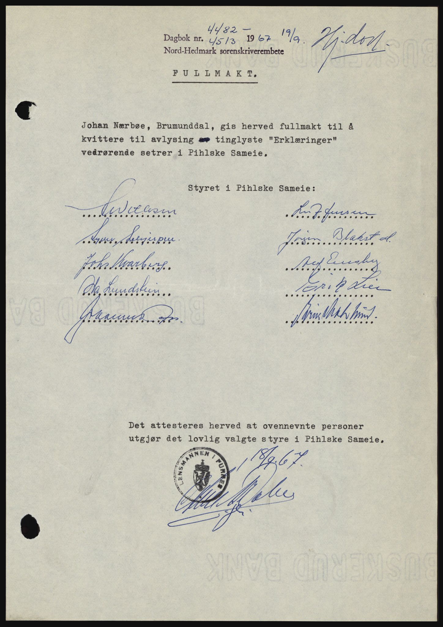 Nord-Hedmark sorenskriveri, SAH/TING-012/H/Hc/L0026: Mortgage book no. 26, 1967-1967, Diary no: : 4482/1967