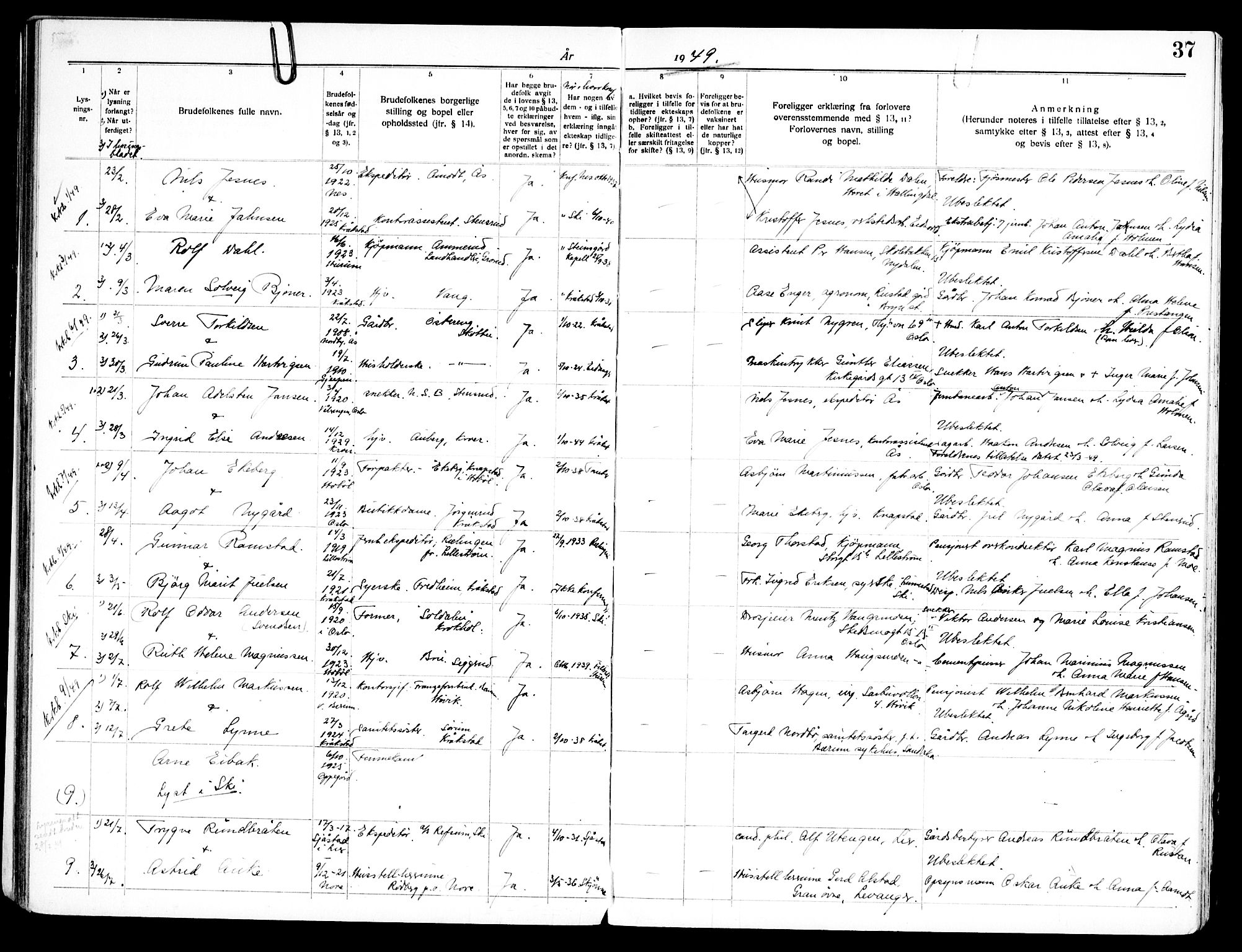 Kråkstad prestekontor Kirkebøker, SAO/A-10125a/H/Ha/L0001: Banns register no. I 1, 1919-1969, p. 37