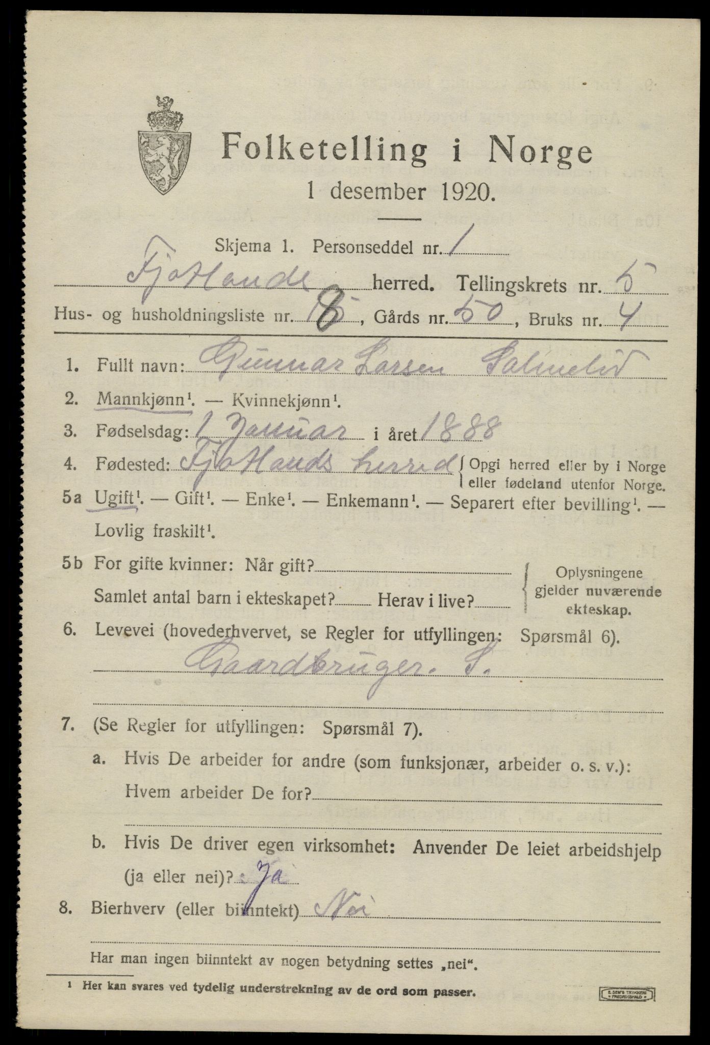 SAK, 1920 census for Fjotland, 1920, p. 1602
