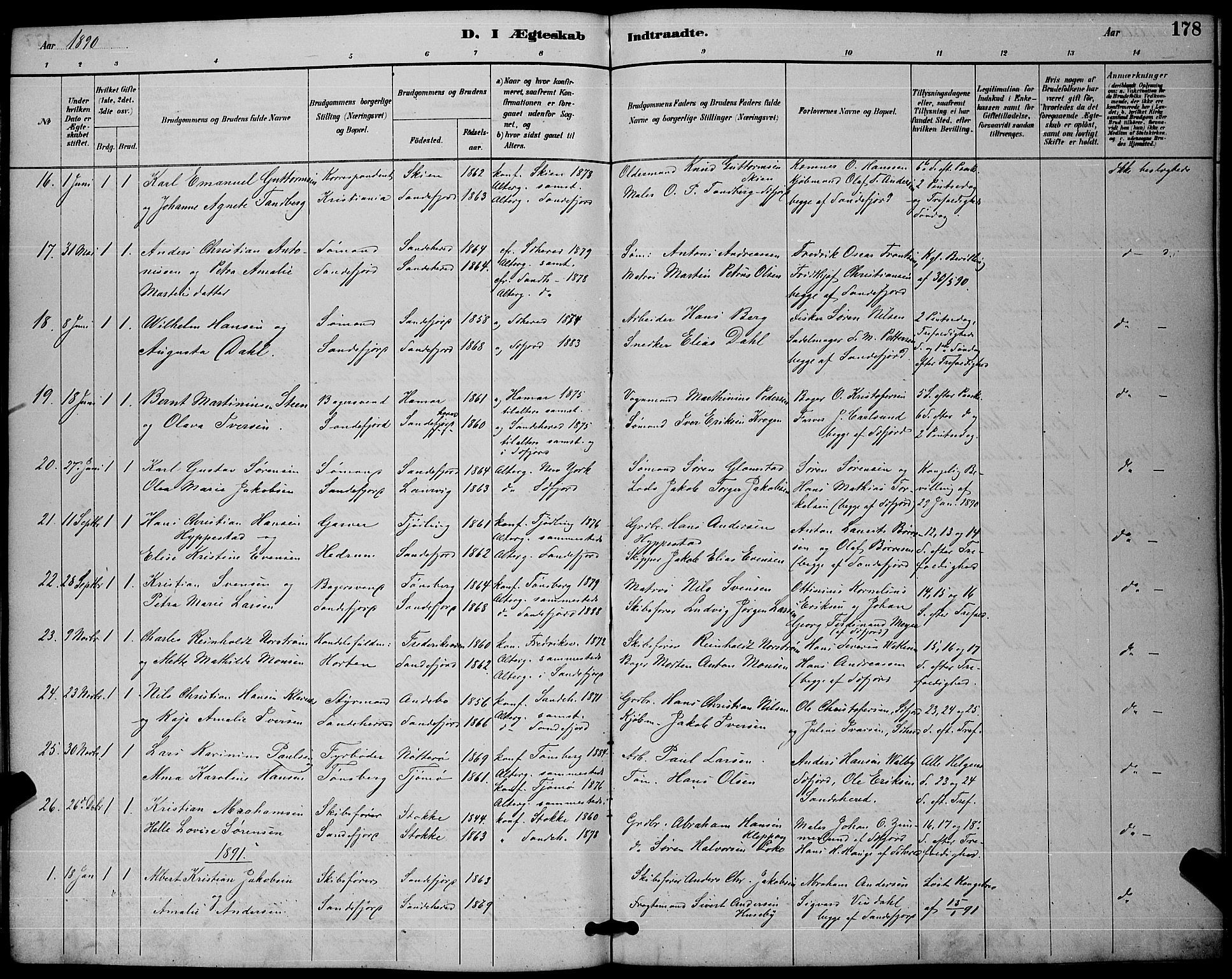 Sandefjord kirkebøker, AV/SAKO-A-315/G/Ga/L0001: Parish register (copy) no. 1, 1885-1903, p. 178