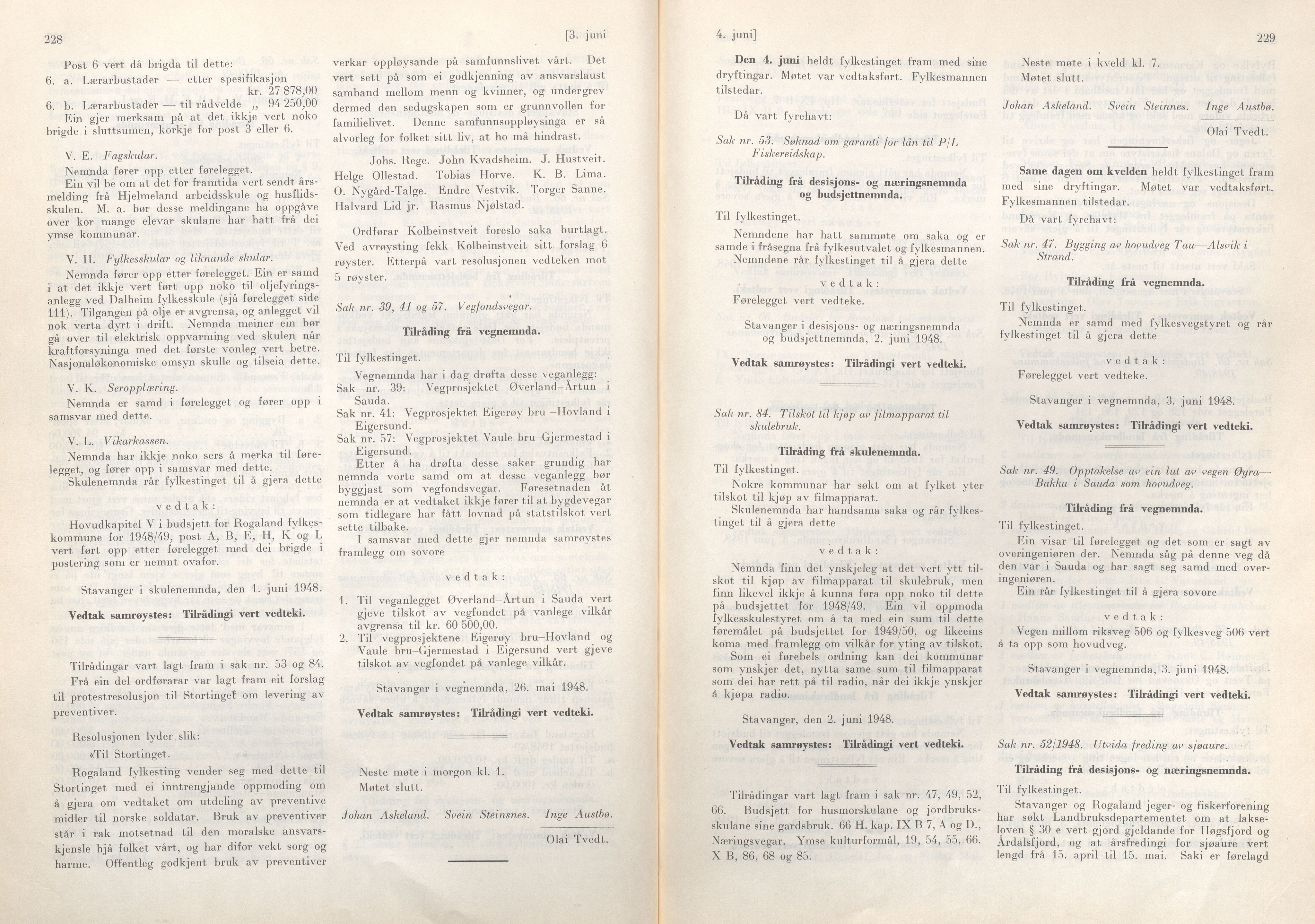 Rogaland fylkeskommune - Fylkesrådmannen , IKAR/A-900/A/Aa/Aaa/L0067: Møtebok , 1948, p. 228-229