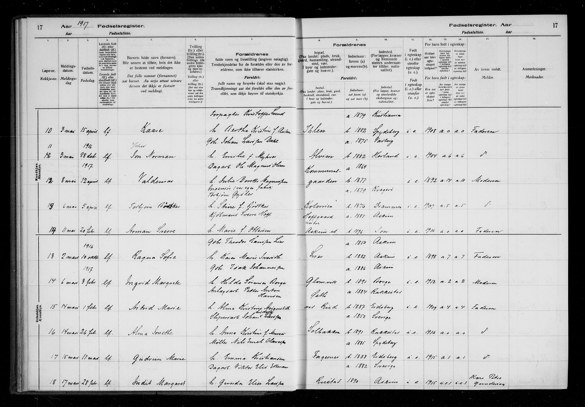 Askim prestekontor Kirkebøker, AV/SAO-A-10900/J/Ja/L0001: Birth register no. 1, 1916-1929, p. 17