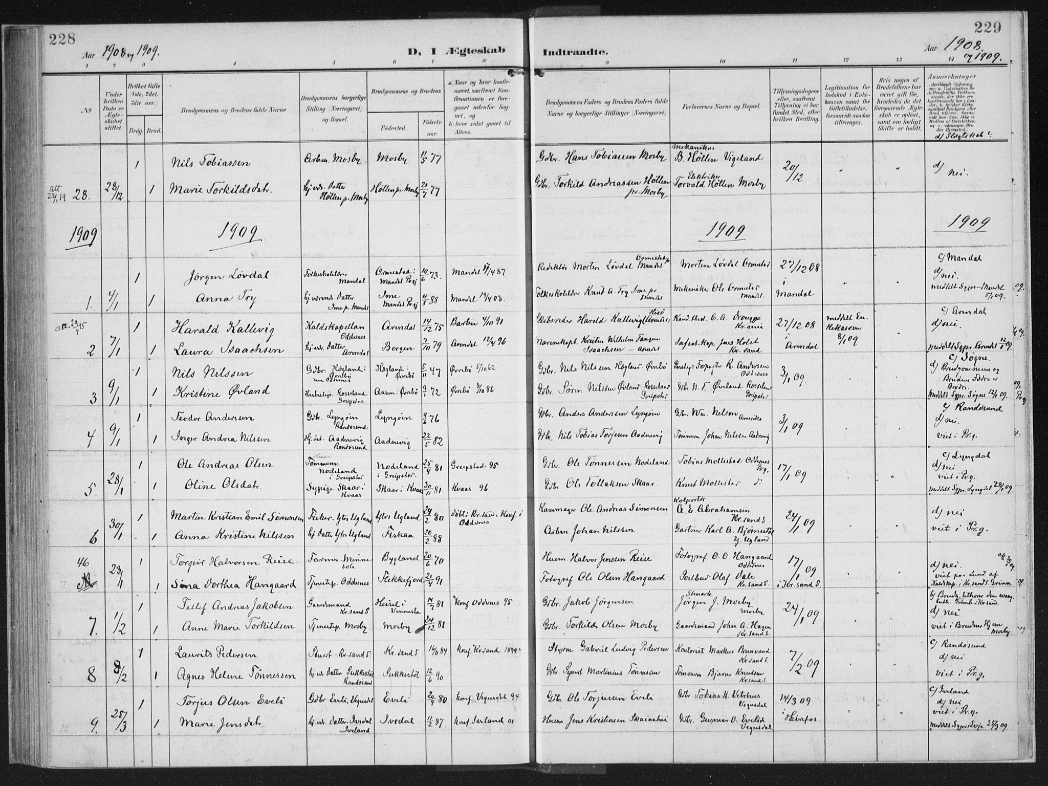 Oddernes sokneprestkontor, AV/SAK-1111-0033/F/Fa/Faa/L0011: Parish register (official) no. A 11, 1904-1911, p. 228-229