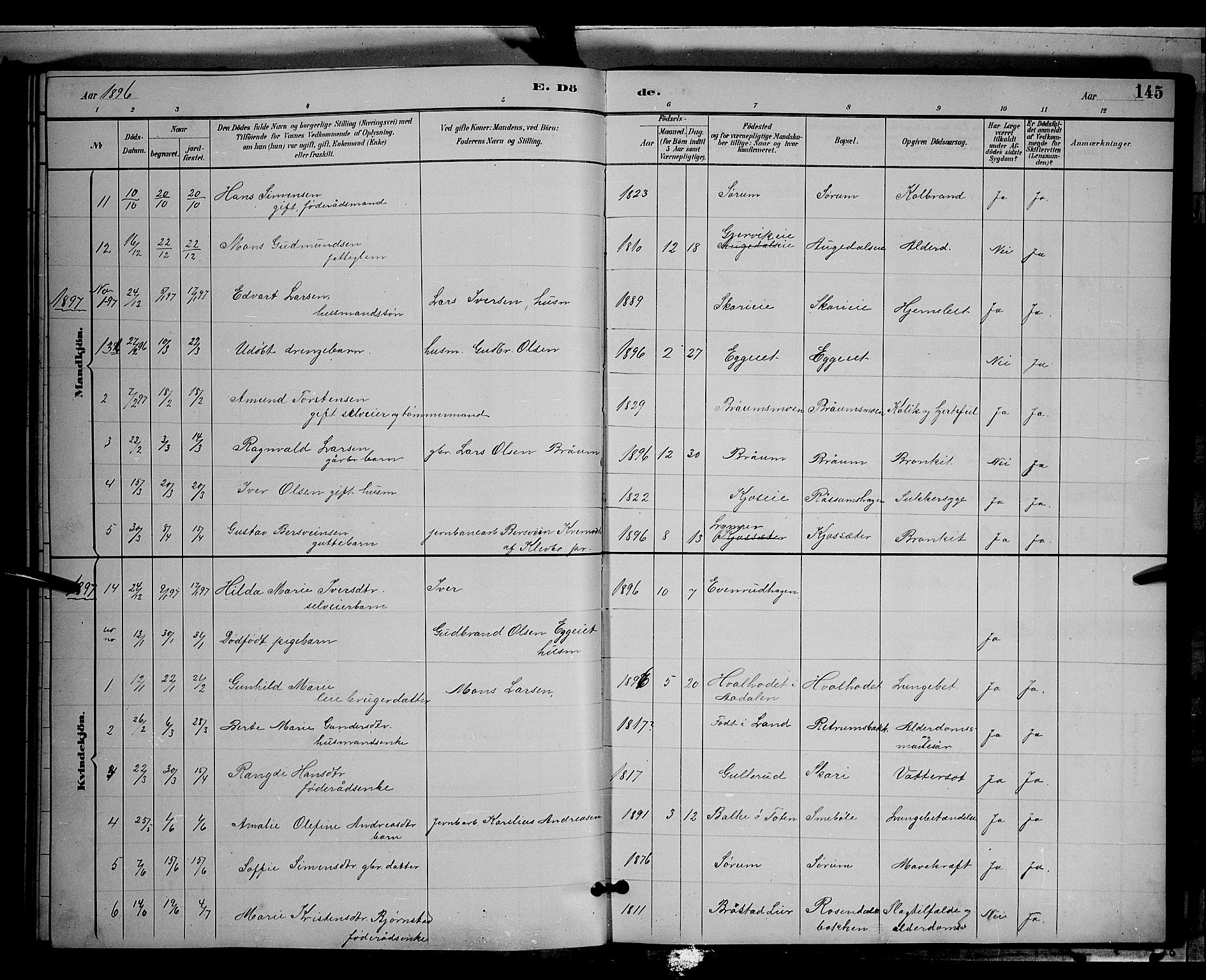 Gran prestekontor, SAH/PREST-112/H/Ha/Hab/L0004: Parish register (copy) no. 4, 1890-1899, p. 145