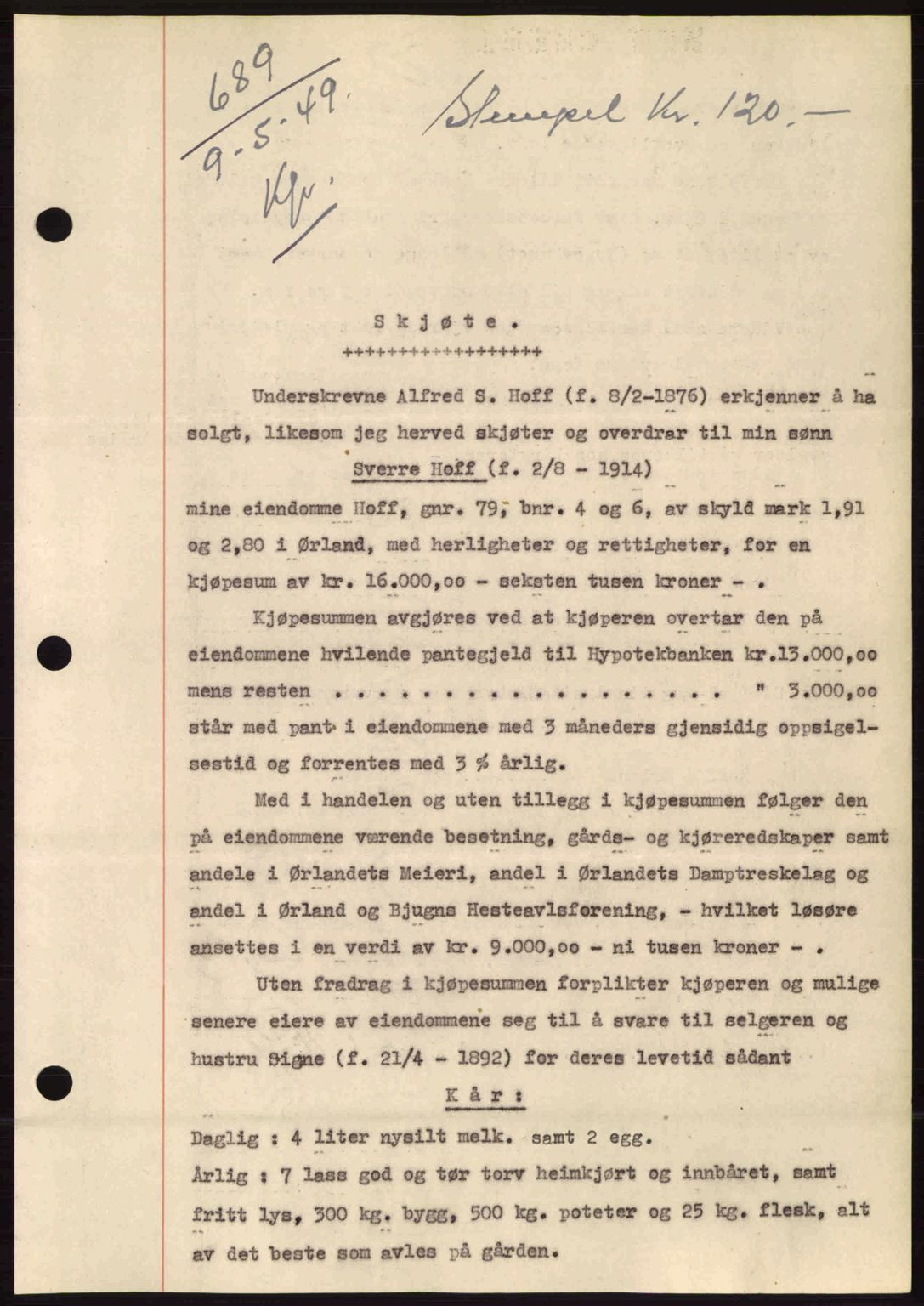 Fosen sorenskriveri, AV/SAT-A-1107/1/2/2C: Mortgage book no. A9, 1948-1949, Diary no: : 689/1949