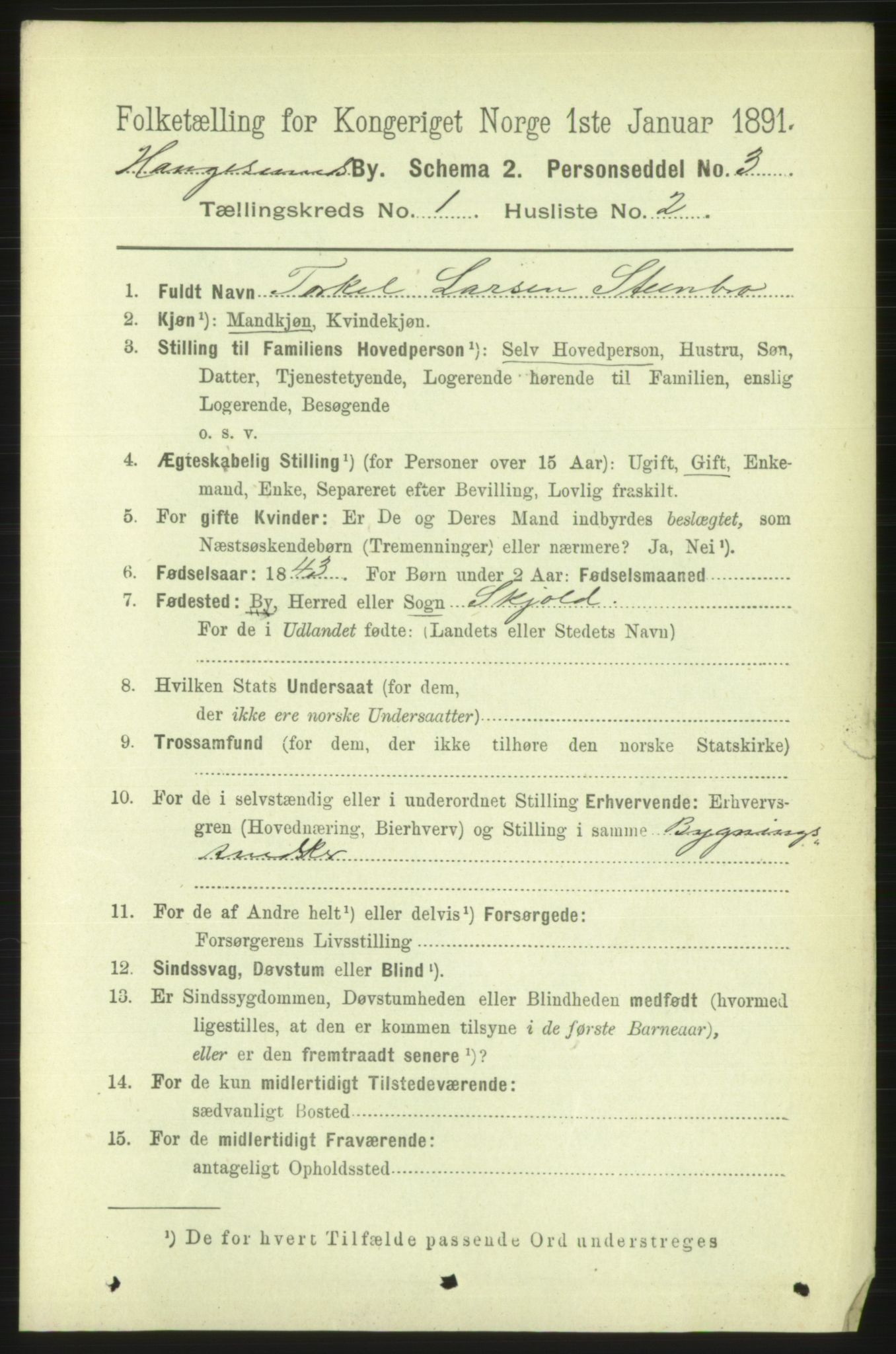 RA, 1891 census for 1106 Haugesund, 1891, p. 1013