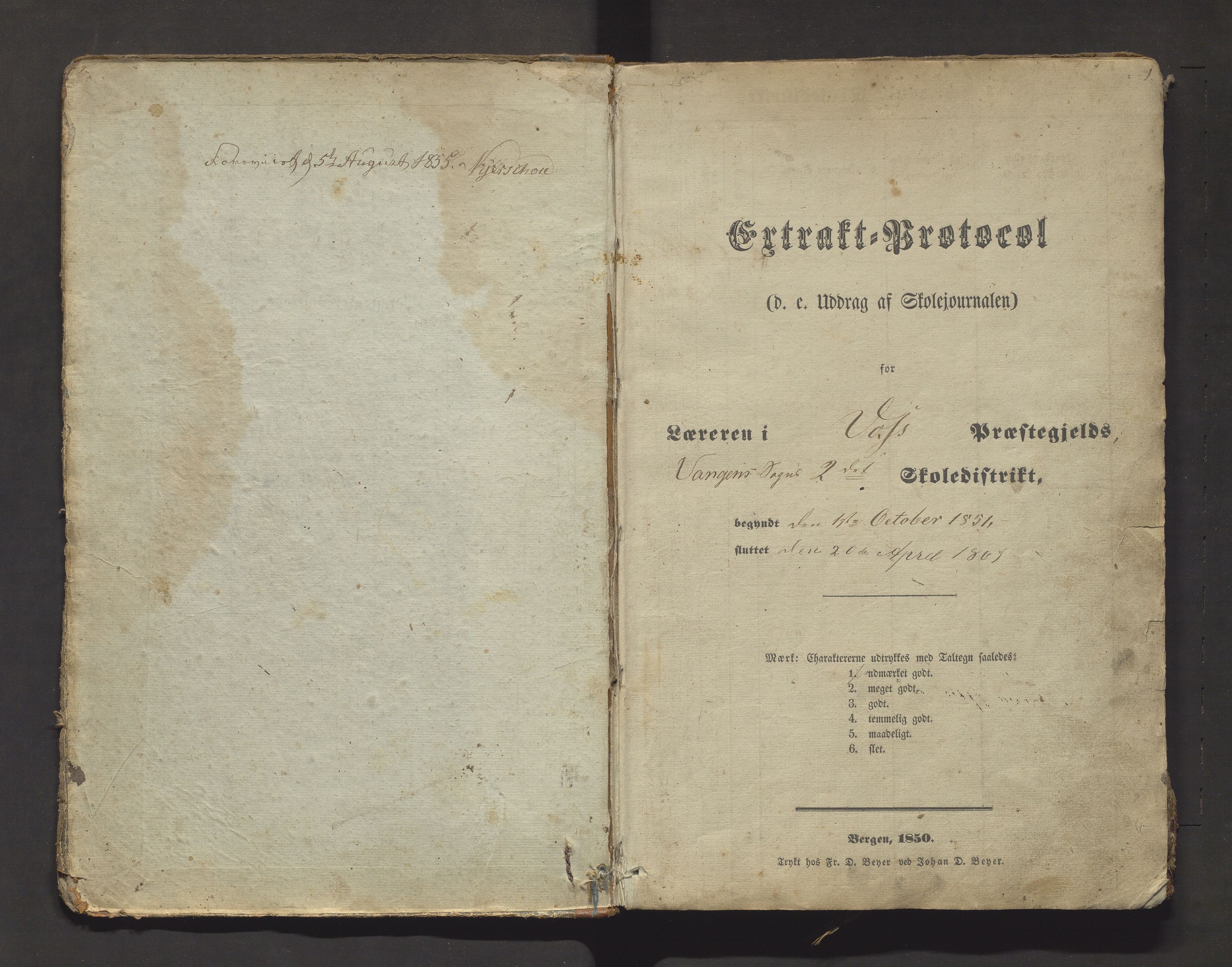 Voss kommune. Barneskulane, IKAH/1235-231/F/Fd/L0001: Skuleprotokoll for læraren i 2. skoledistrikt i Vangen sokn, 1851-1868