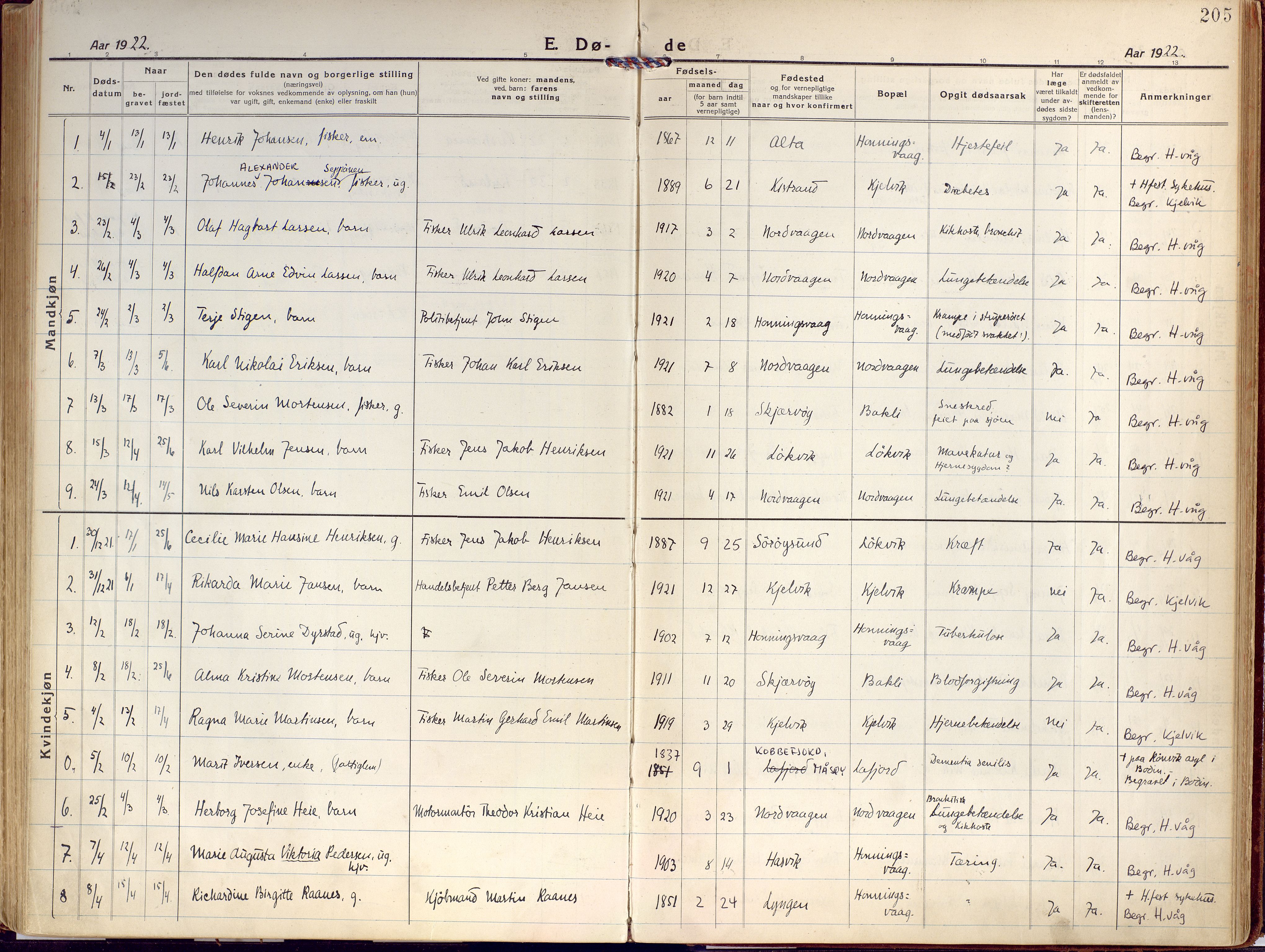 Kjelvik/Nordkapp sokneprestkontor, SATØ/S-1350/H/Ha/L0002kirke: Parish register (official) no. 2, 1920-1929, p. 205