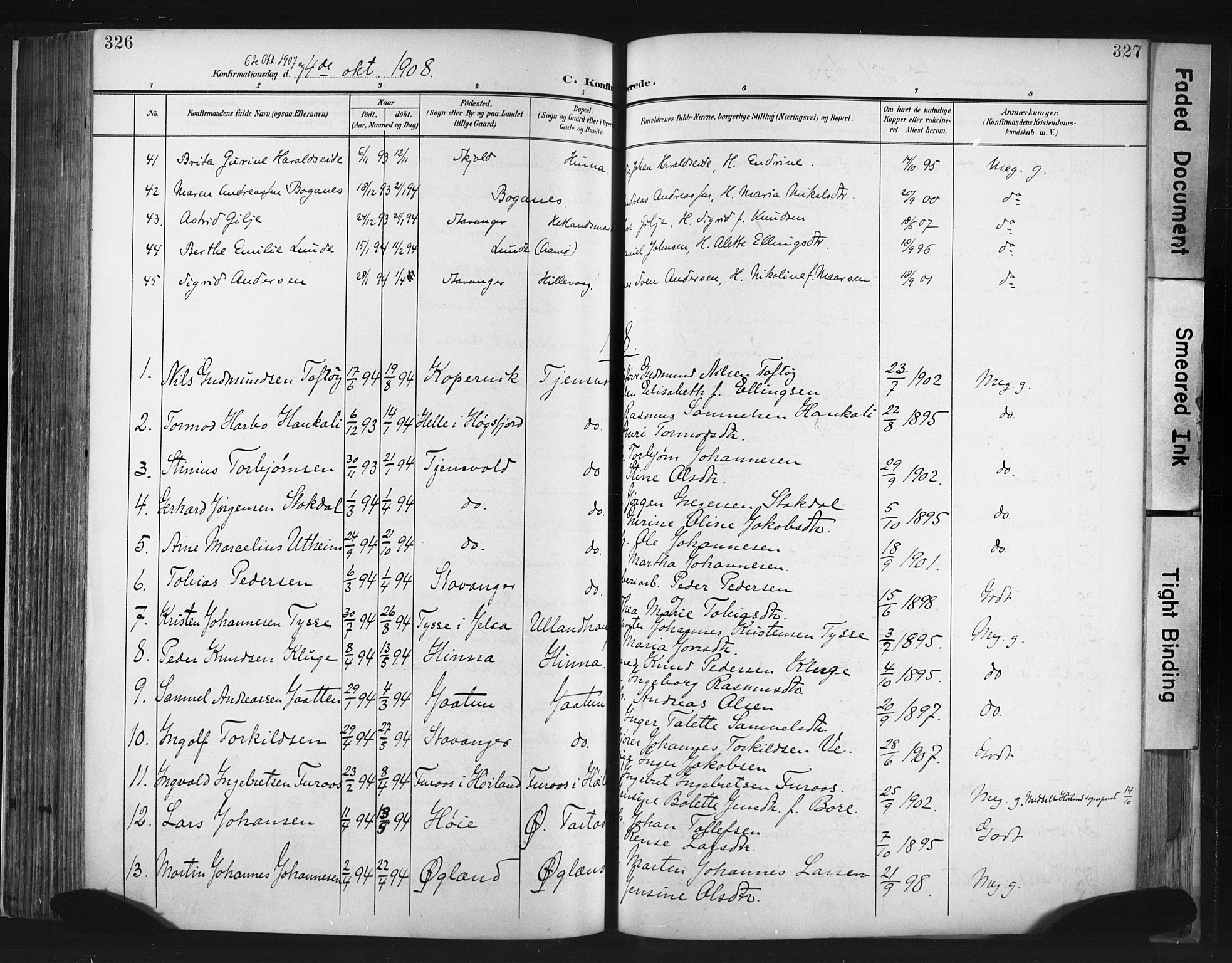 Hetland sokneprestkontor, SAST/A-101826/30/30BA/L0013: Parish register (official) no. A 13, 1904-1918, p. 326-327
