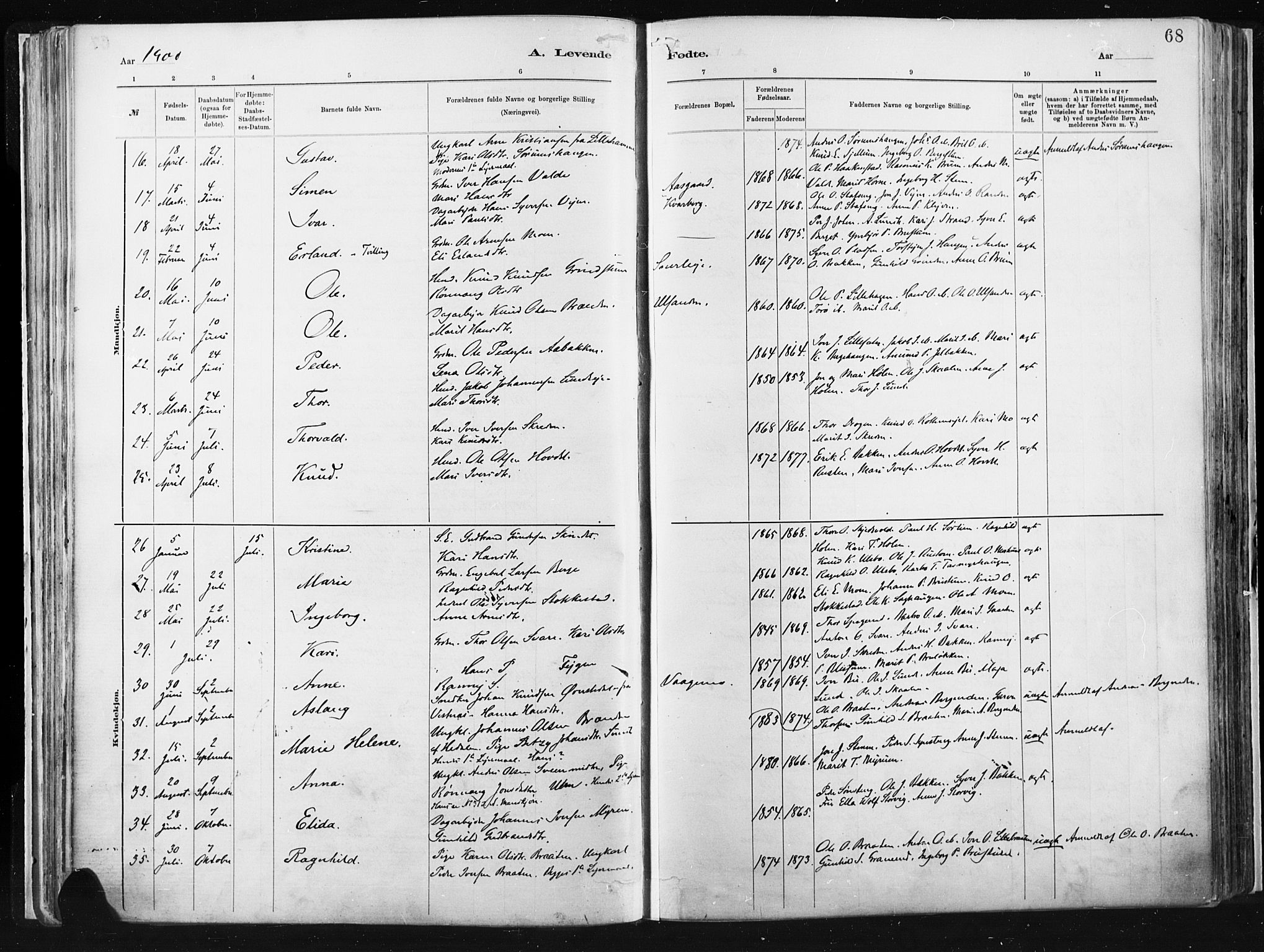 Vågå prestekontor, AV/SAH-PREST-076/H/Ha/Haa/L0009: Parish register (official) no. 9, 1886-1904, p. 68