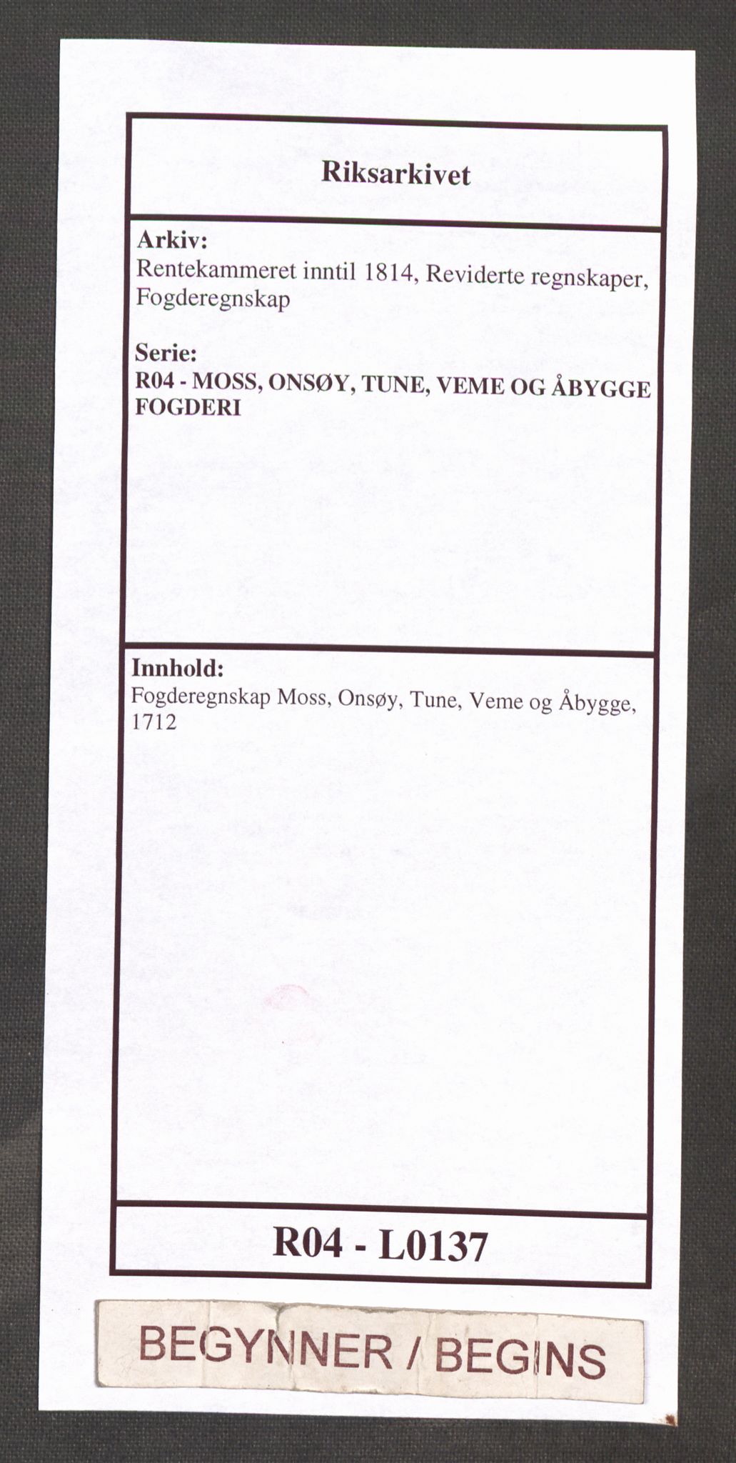 Rentekammeret inntil 1814, Reviderte regnskaper, Fogderegnskap, RA/EA-4092/R04/L0137: Fogderegnskap Moss, Onsøy, Tune, Veme og Åbygge, 1712, p. 1