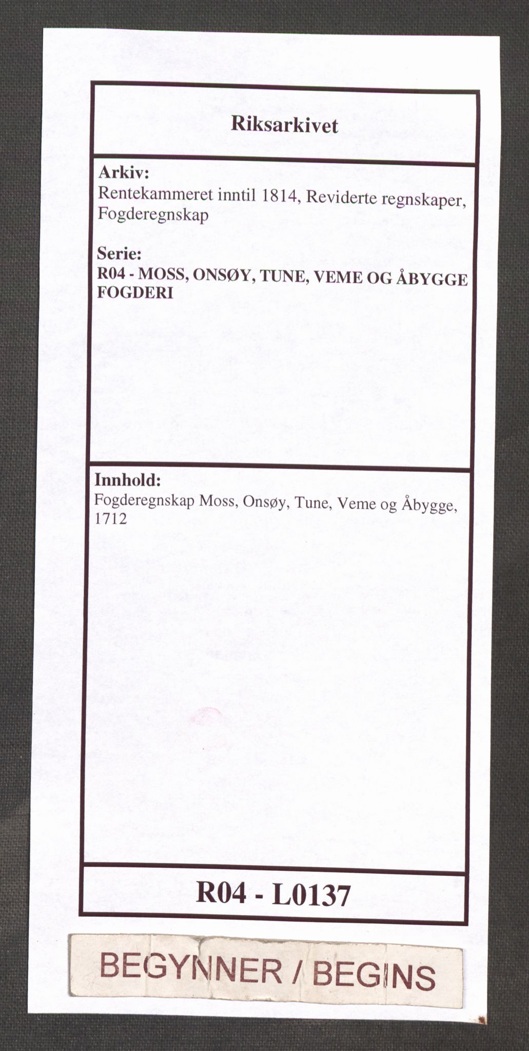 Rentekammeret inntil 1814, Reviderte regnskaper, Fogderegnskap, AV/RA-EA-4092/R04/L0137: Fogderegnskap Moss, Onsøy, Tune, Veme og Åbygge, 1712, p. 1