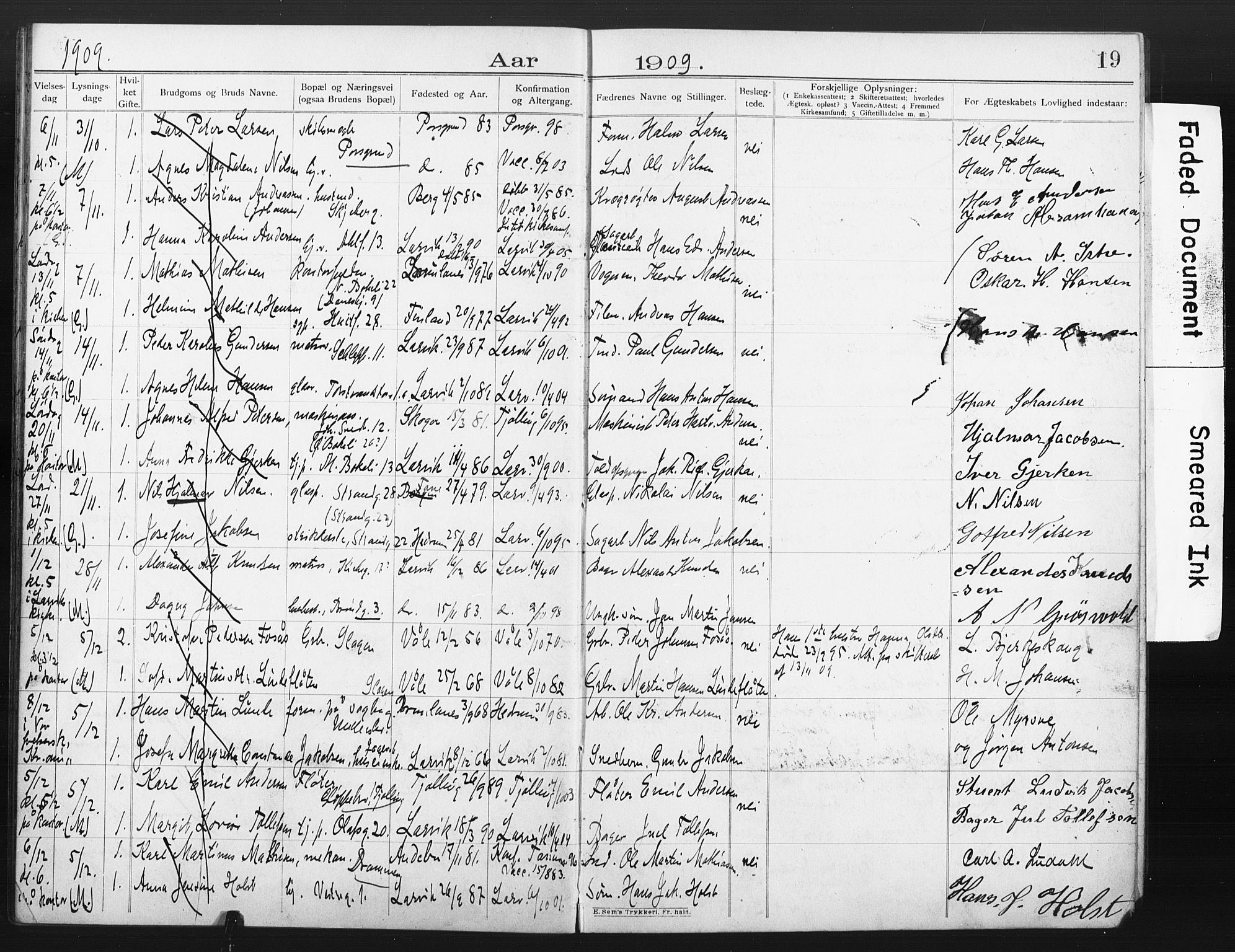 Larvik kirkebøker, AV/SAKO-A-352/H/Ha/L0003: Banns register no. 3, 1907-1918, p. 19