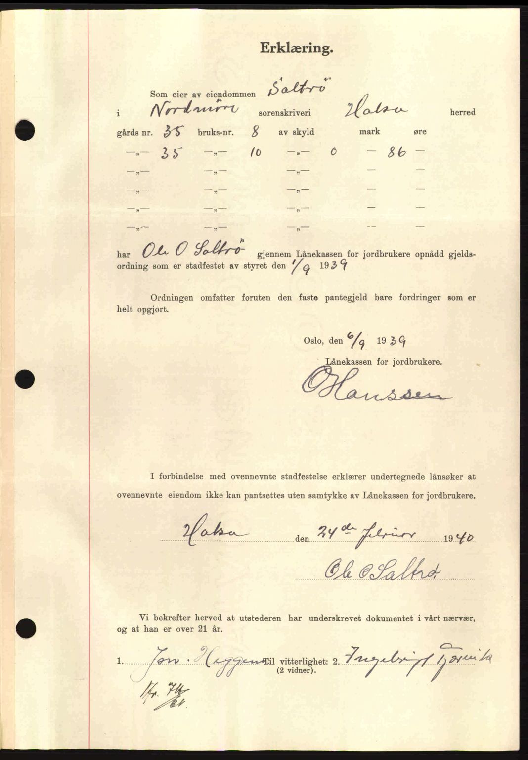 Nordmøre sorenskriveri, AV/SAT-A-4132/1/2/2Ca: Mortgage book no. B86, 1939-1940, Diary no: : 796/1940