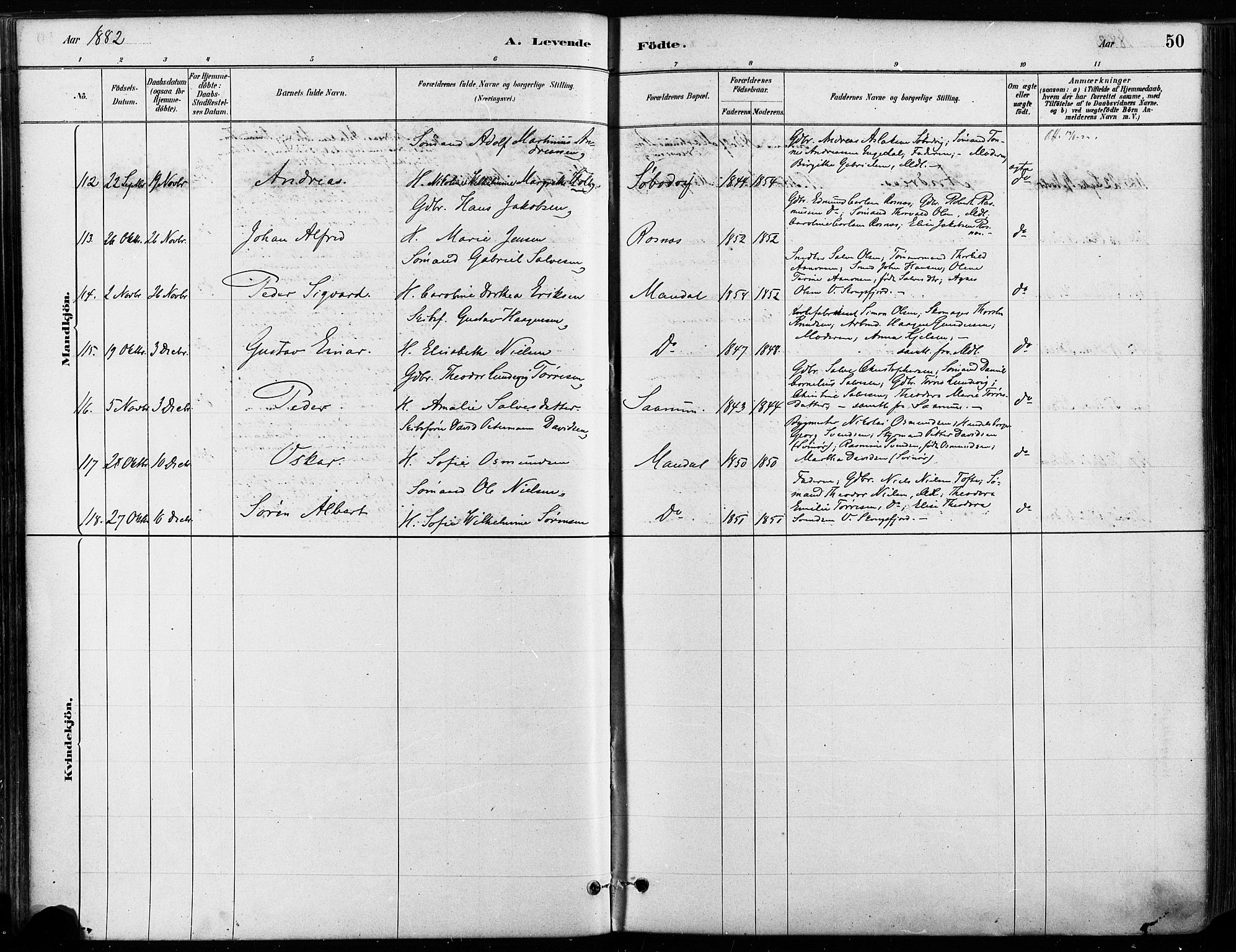 Mandal sokneprestkontor, AV/SAK-1111-0030/F/Fa/Faa/L0016: Parish register (official) no. A 16, 1880-1890, p. 50