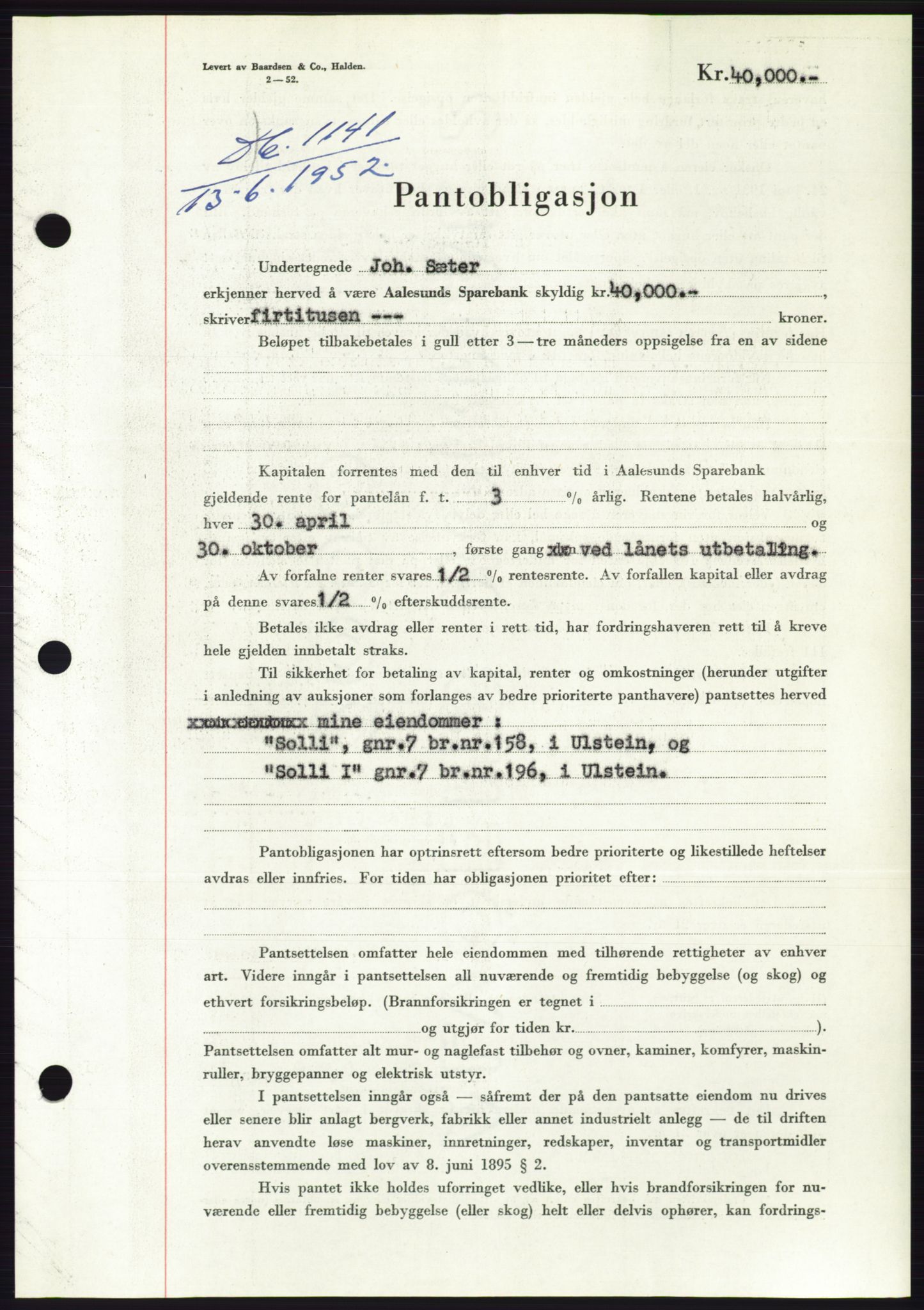 Søre Sunnmøre sorenskriveri, AV/SAT-A-4122/1/2/2C/L0121: Mortgage book no. 9B, 1951-1952, Diary no: : 1141/1952