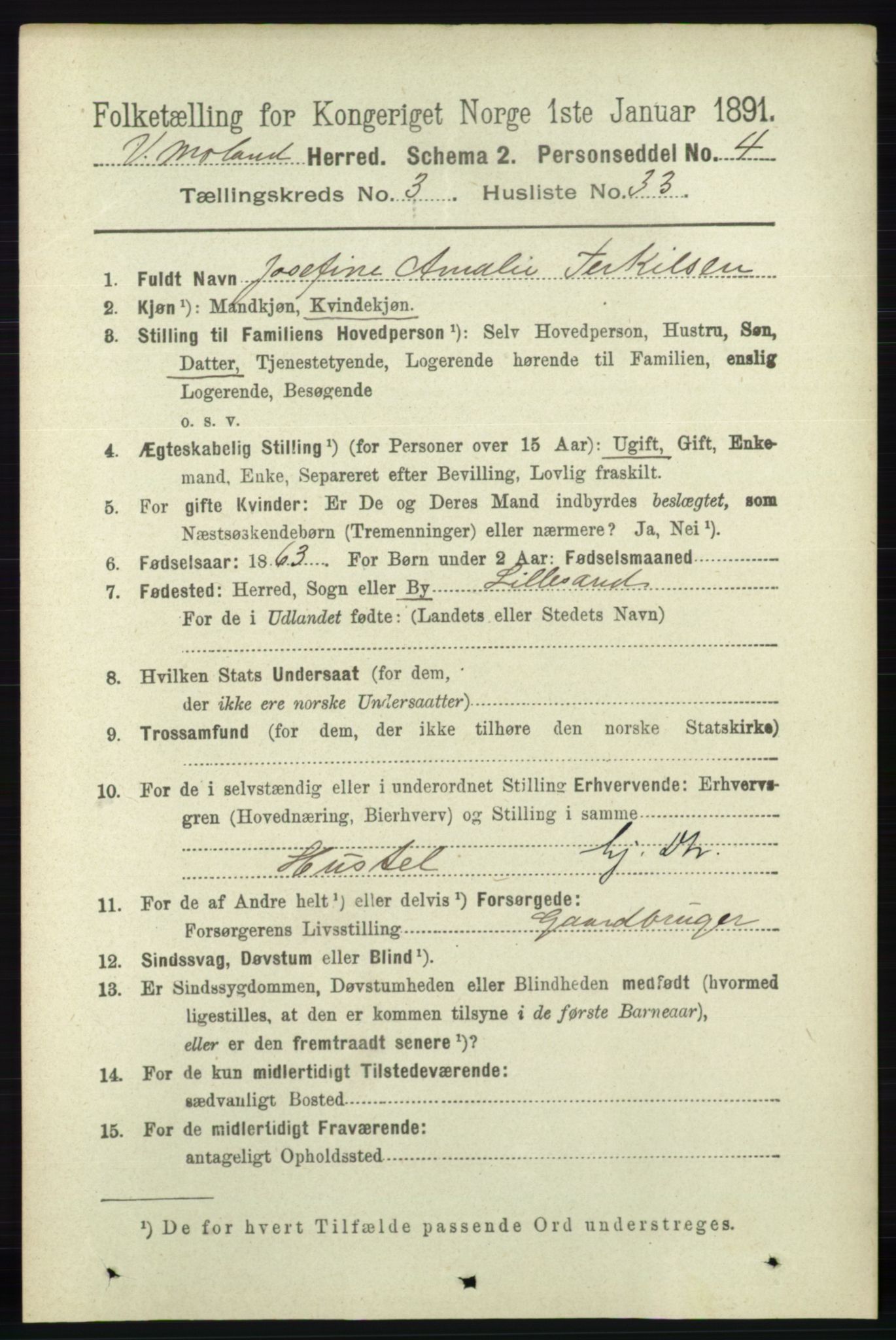 RA, 1891 census for 0926 Vestre Moland, 1891, p. 1136