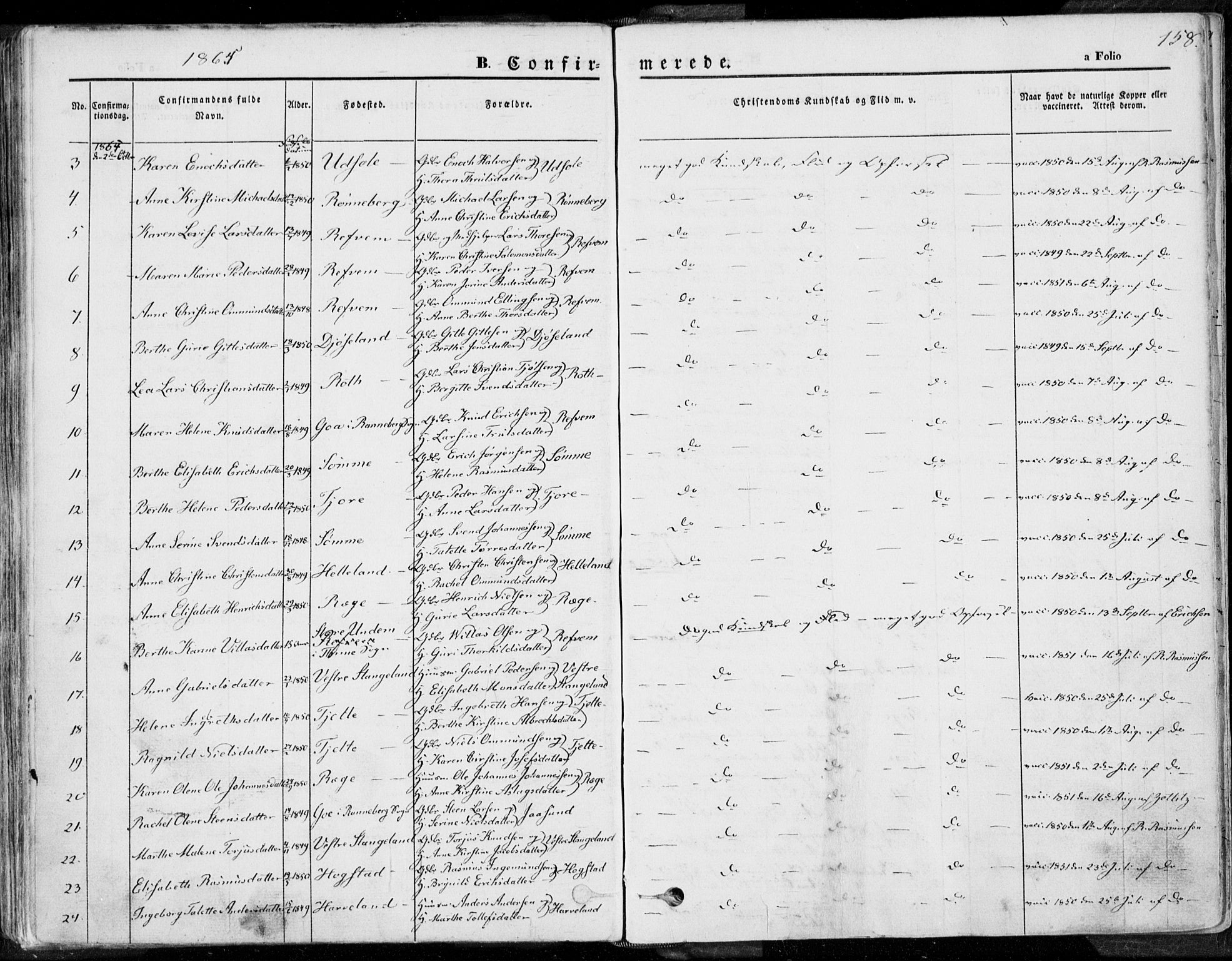 Håland sokneprestkontor, SAST/A-101802/001/30BA/L0007: Parish register (official) no. A 7.1, 1854-1870, p. 158