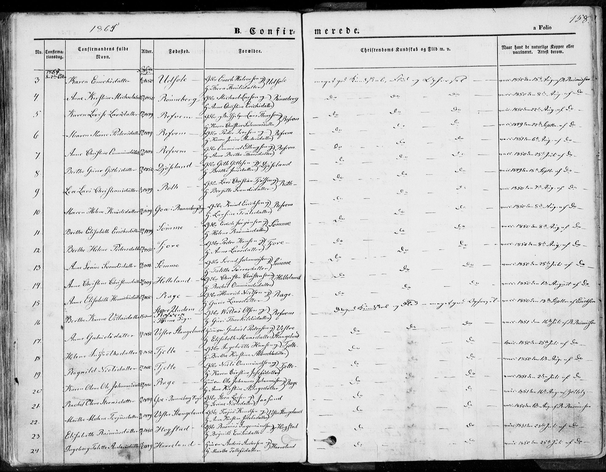 Håland sokneprestkontor, AV/SAST-A-101802/001/30BA/L0007: Parish register (official) no. A 7.1, 1854-1870, p. 158