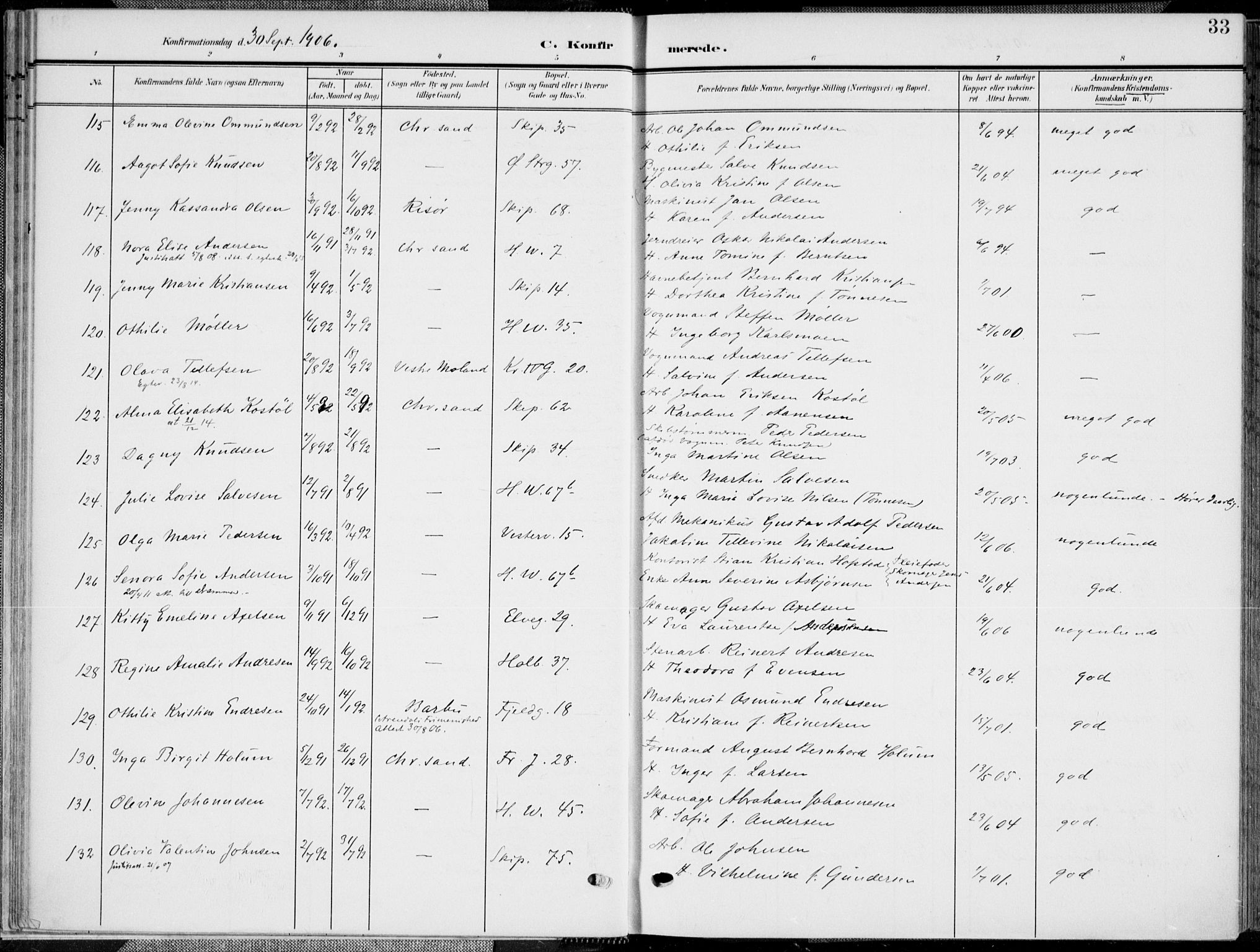 Kristiansand domprosti, SAK/1112-0006/F/Fa/L0022: Parish register (official) no. A 21, 1905-1916, p. 33