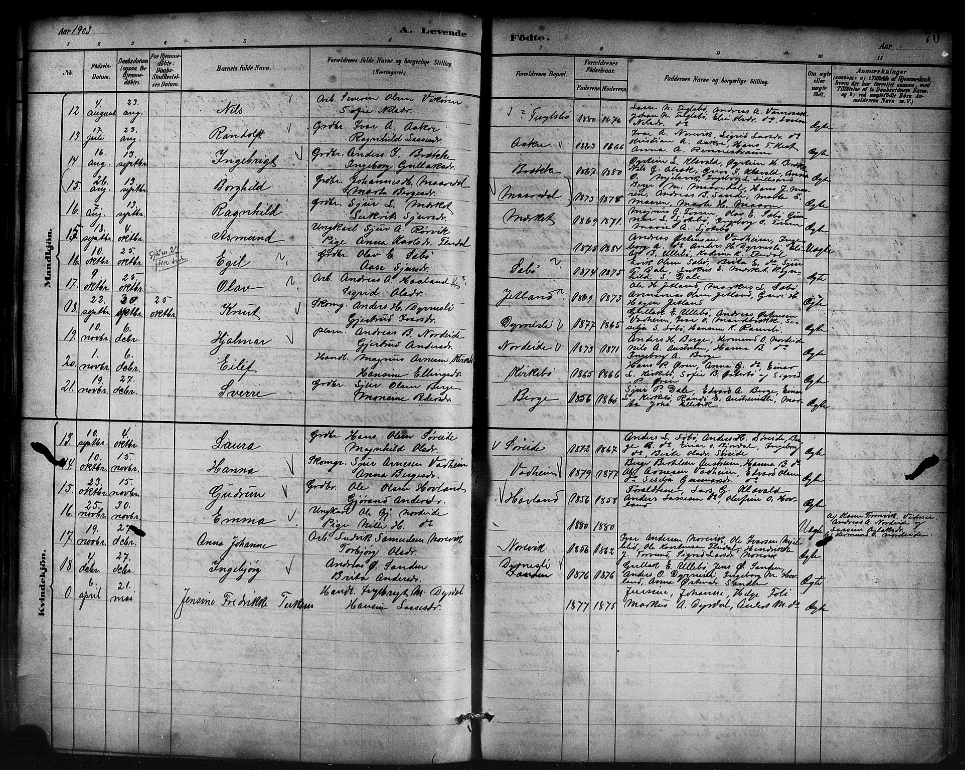Lavik sokneprestembete, SAB/A-80901: Parish register (copy) no. B 3, 1882-1913, p. 70