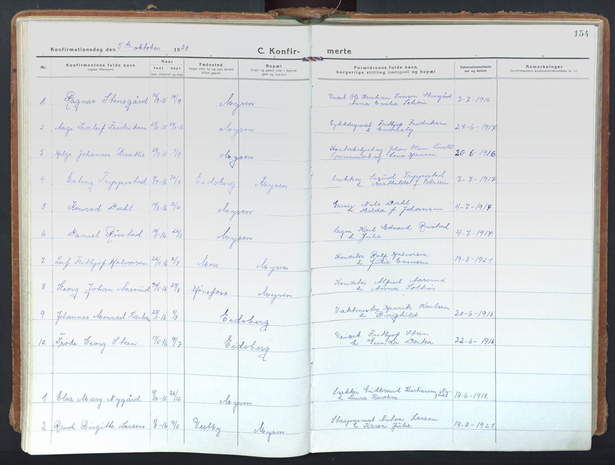 Eidsberg prestekontor Kirkebøker, AV/SAO-A-10905/F/Fd/L0001: Parish register (official) no. IV 1, 1921-1948, p. 154
