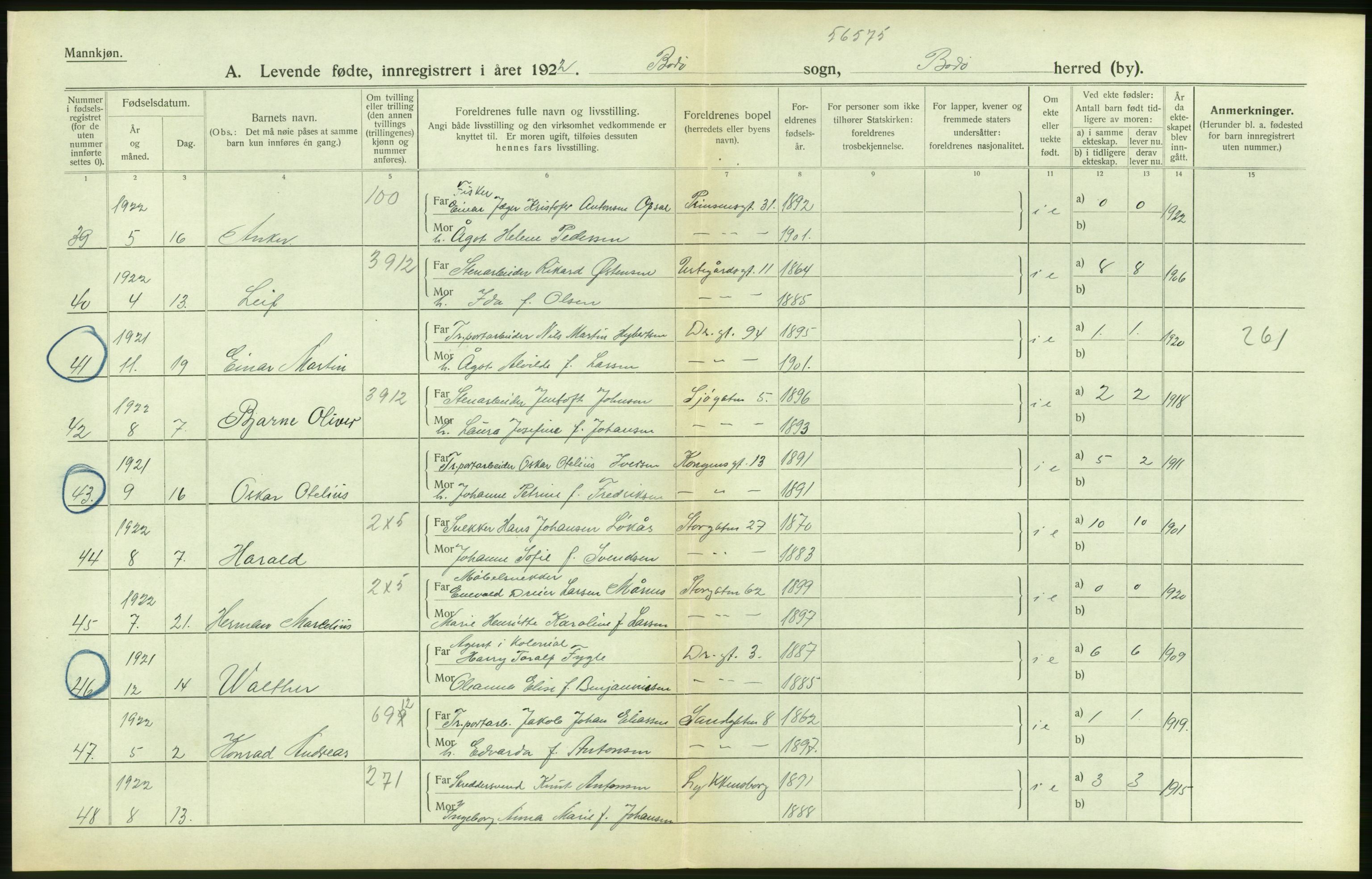 Statistisk sentralbyrå, Sosiodemografiske emner, Befolkning, AV/RA-S-2228/D/Df/Dfc/Dfcb/L0044: Nordland fylke: Levendefødte menn og kvinner. Bygder og byer., 1922, p. 42