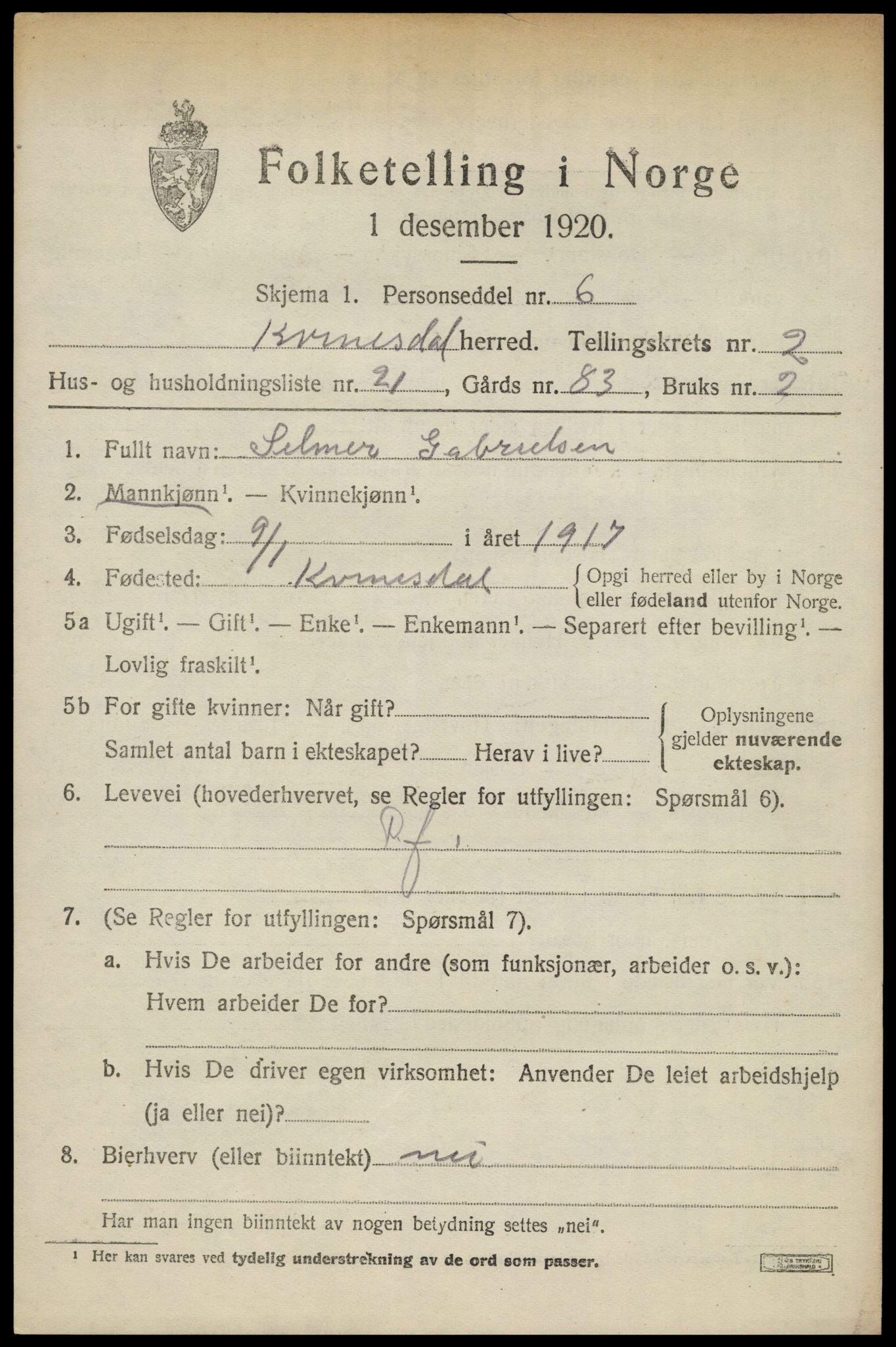 SAK, 1920 census for Kvinesdal, 1920, p. 2113