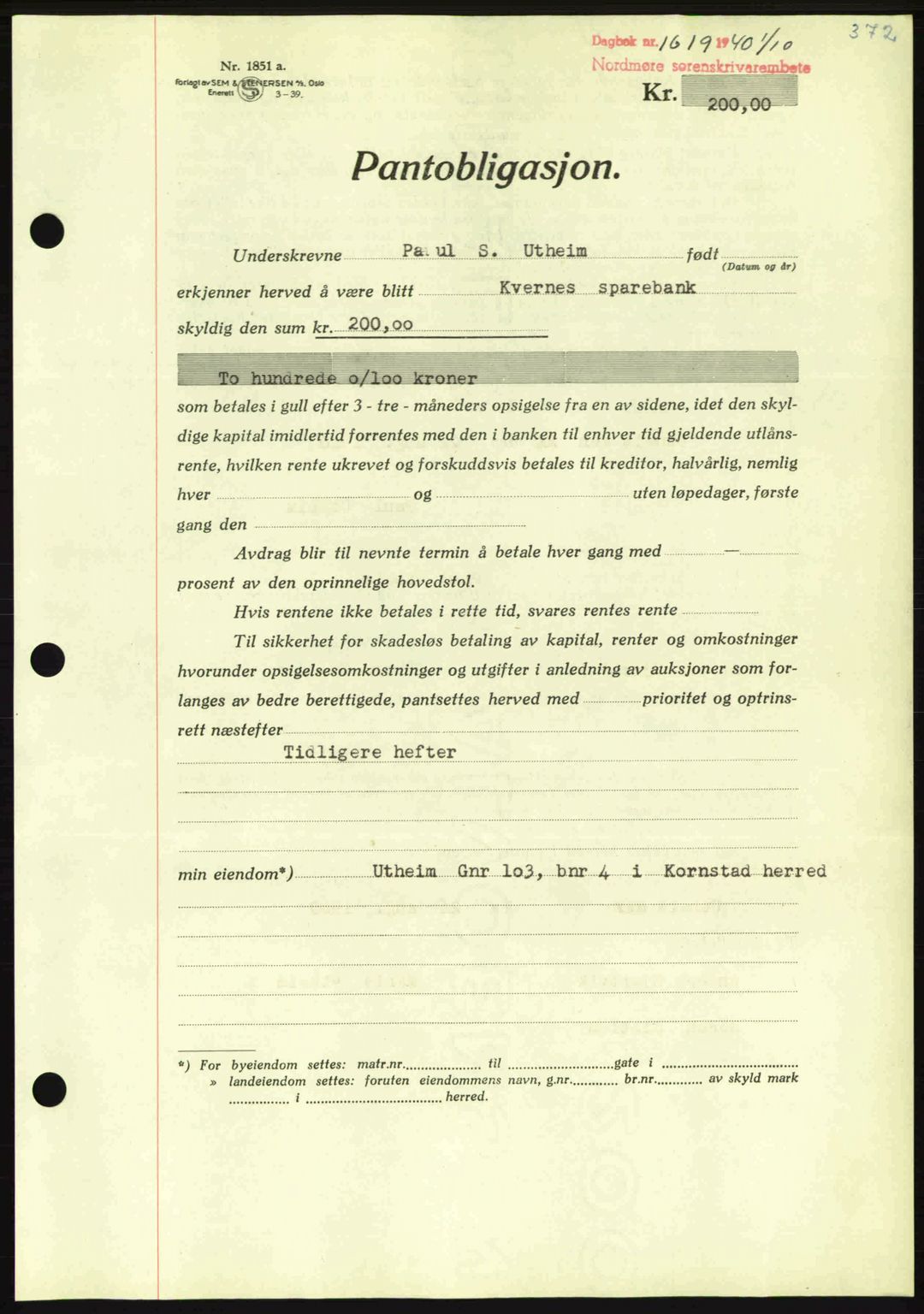 Nordmøre sorenskriveri, AV/SAT-A-4132/1/2/2Ca: Mortgage book no. B87, 1940-1941, Diary no: : 1619/1940