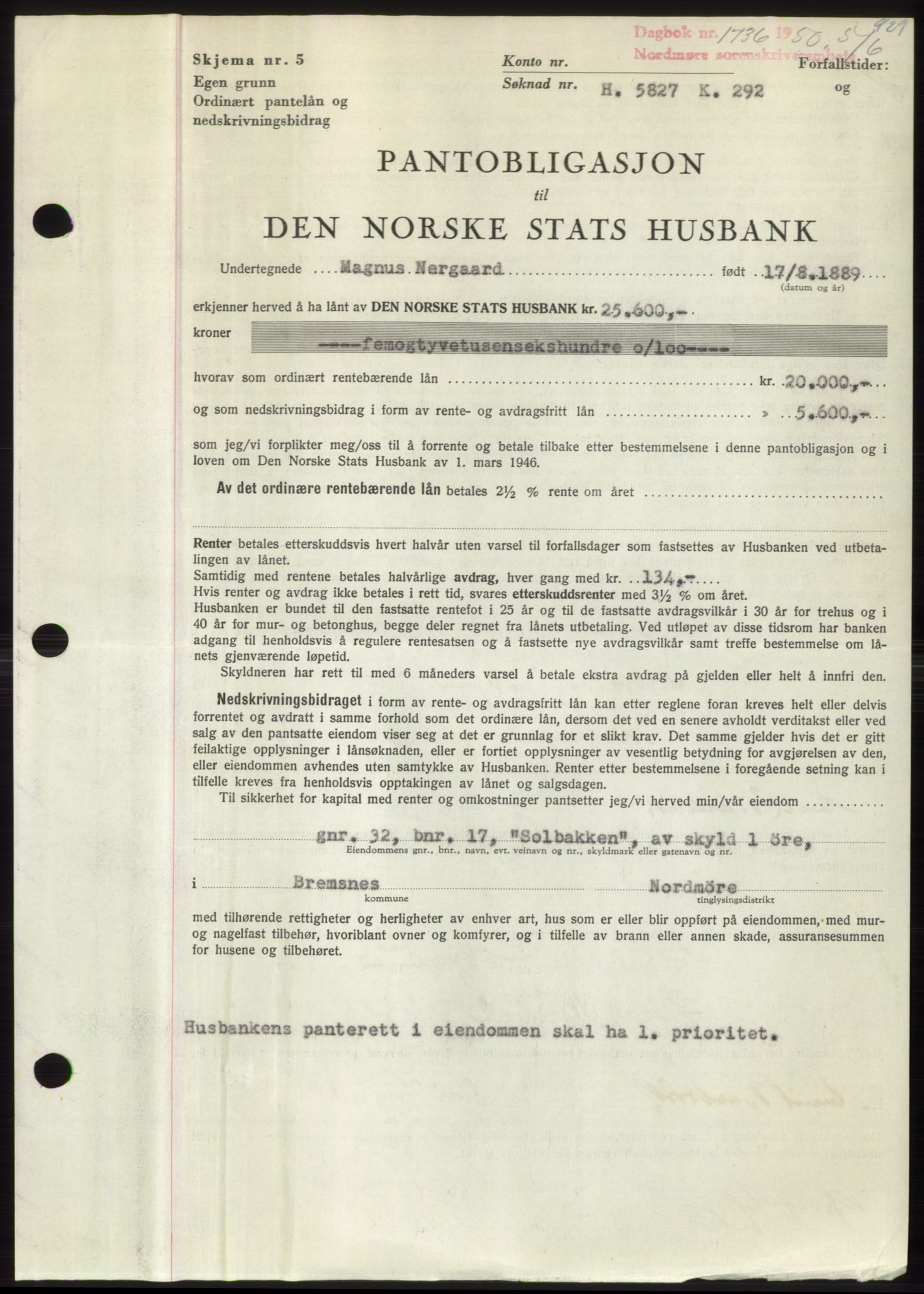 Nordmøre sorenskriveri, AV/SAT-A-4132/1/2/2Ca: Mortgage book no. B104, 1950-1950, Diary no: : 1736/1950